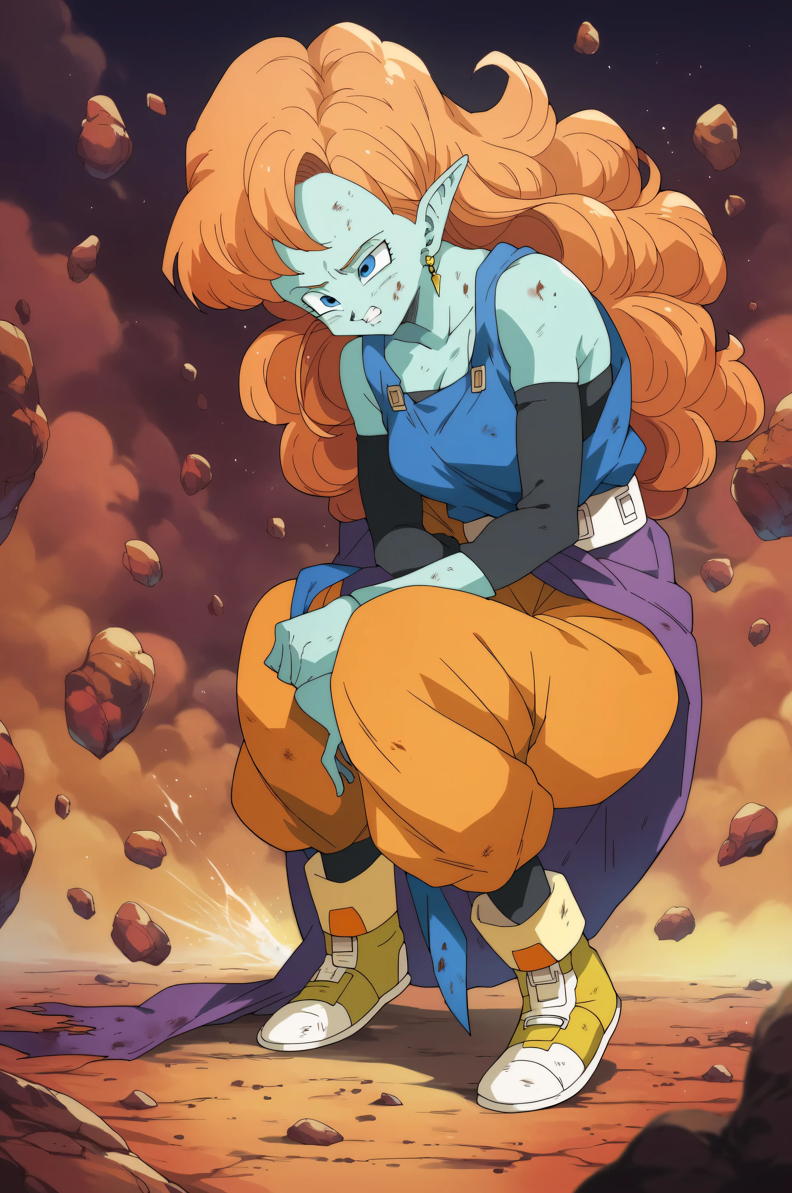 score_9, score_8_up, score_7_up, score_6_up, score_5_up, score_4_up, masterpiece, high quality, BREAK, full body, BREAK, 1girl,  ai shindou, zangya (dragon ball), orange hair, blue skin,