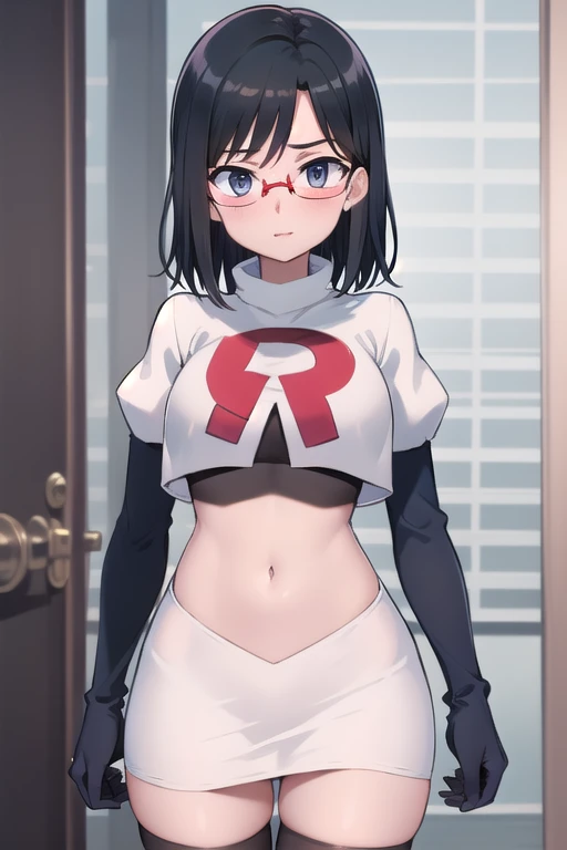 (masterpiece, best quality, ultra-detailed), 1girl, looking at viewer, glasses, team rocket,team rocket uniform,white skirt,red letter R,crop top,black thigh-highs,black elbow gloves,