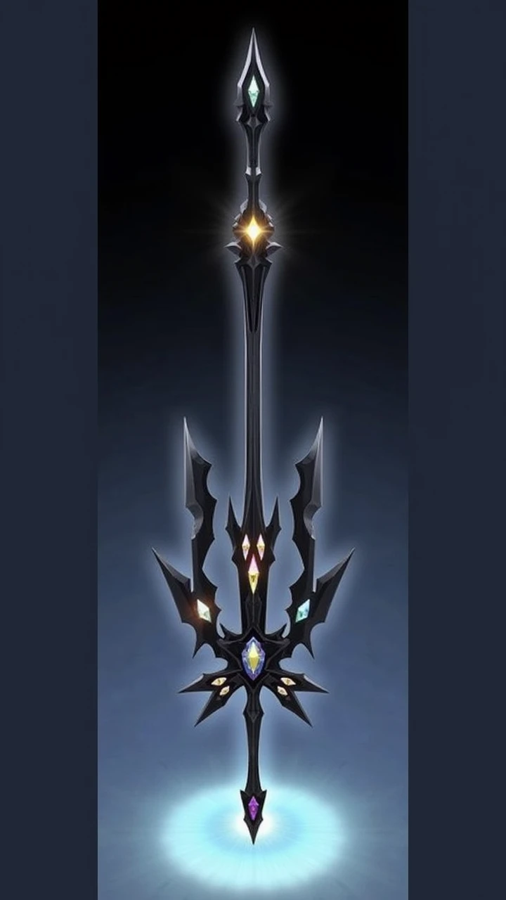 A sleek and menacing sword forged from black metal, its design exudes an aura of dark elegance and power. The hilt is intricately crafted in the shape of a cross, with arms extending outward symmetrically. At the center of the hilt, a cluster of large, shimmering gems is embedded, their surfaces catching the light in mesmerizing hues of deep crimson, violet, and sapphire. These gems, polished to perfection, appear to pulsate faintly, as if imbued with an inner energy.
The blade itself is a masterwork of craftsmanship, forged from an alloy that reflects an otherworldly gleam. Unlike a traditional straight-edged blade, it is composed of interlocking shapes, creating a jagged yet balanced design that gives the weapon a distinct, almost architectural appearance. Triangular and angular facets alternate along the blade's length, forming a pattern that is as visually striking as it is deadly. The sharp edges gleam with an ominous sheen, hinting at an unyielding sharpness.
At the very tip of the blade, a single, flawless gem is embedded. Larger than those on the hilt, it radiates an intense light that contrasts against the dark metal of the sword. This gem is the focal point of the weapon, its brilliance drawing the eye. Its smooth, rounded surface contrasts with the sharp geometry of the blade, giving the impression that it is both the heart and soul of the sword.
The overall design is both gothic and modern, blending ancient craftsmanship with a futuristic aesthetic. This black-metal sword, with its cross-shaped hilt and gem-studded features, is not merely a weapon—it is a symbol of power, authority, and arcane mystery, radiating an aura that demands both fear and awe.