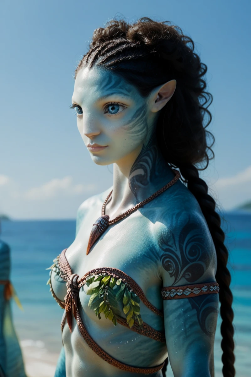 female, portrait, looking at the viewer, detailed blue eyes, blue skin, long hair in curls, one long braid, muscular body, wearing tribal clothing, wearing a tribal seaweed bikini top, tattoos, tail, big pointy ears, four fingered hands, beach background, solo, metkayina, score_9, score_8_up, score_7_up, score_6_up, AvAonung