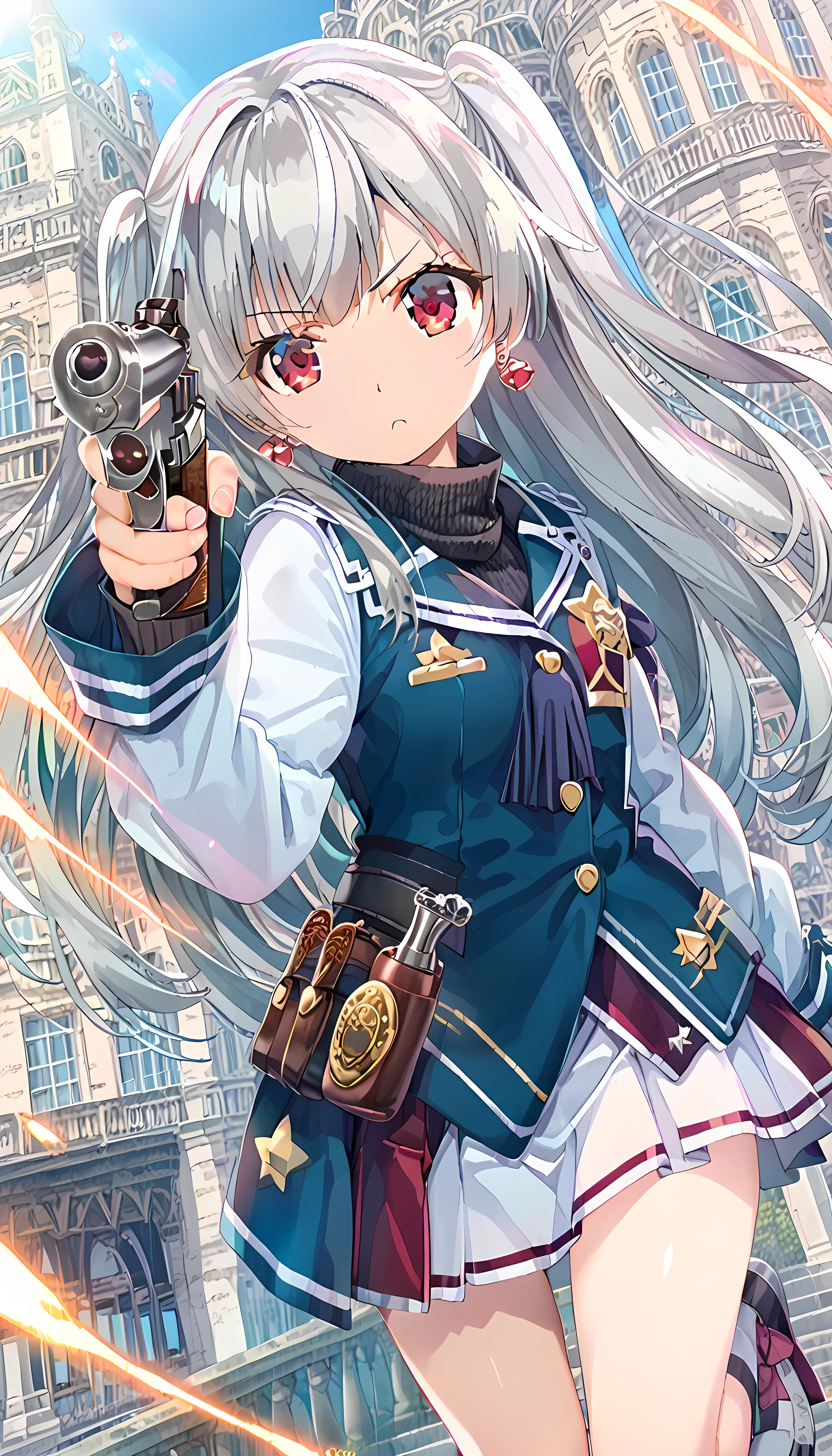 score_9, score_8_ up , score_7_ up BREAK ( best quality ,8k, Masterpiece:1.3), Shishigaya_touka, Anime Girl, 1girl , solo, long hair, long hair, Gray Hair, jacket , ( with red eyes:1.4), Grey Hair, daytime, Two Side Up , トラック jacket ,
Gray Hair, sight, skirt, thighs, Long Sleeve,, I closed my mouth, uniform, with red eyes, Gray Hair, プリーツ skirt, Earrings, Side up , sleeves above wrists, turtleneck, 白い skirt, action pose , holding weapon, handgun, holding gun, aiming at viewer, revolver, finger on trigger, Shiny Eyes , beautiful eyes, enchantment, erotic, つやつやな肌 thighs, sexy, ray tracing,