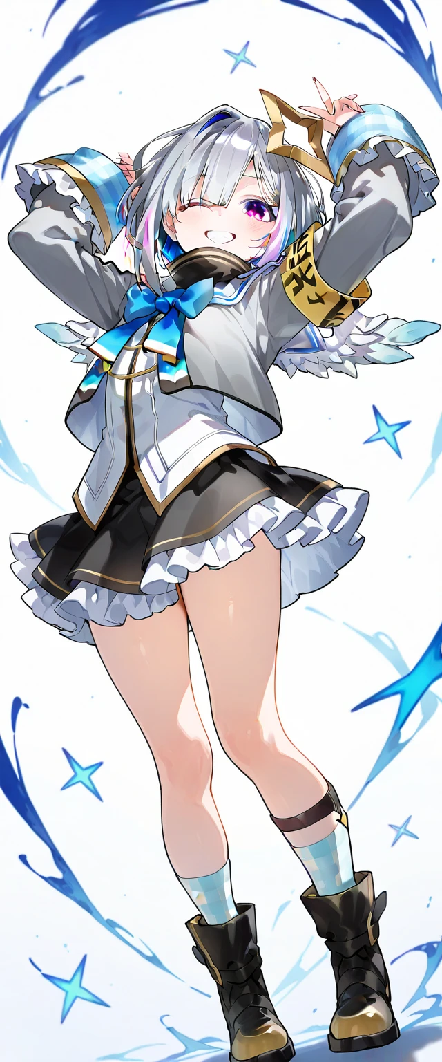 1 girl, cute, young, white hair, twintail, blue eyes, idol costume, thigh boots,