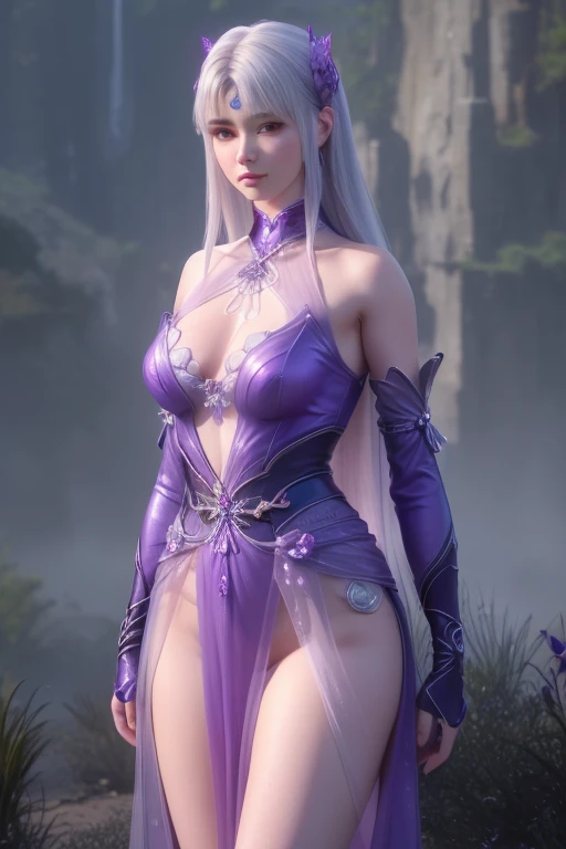 realistic, photorealistic, Masterpiece, absurdres, fine detail, HDR, detailed hand anatomy, highly detailed face and eyes, (8k, best quality, masterpiece:1.2), ultra-detailed, extremely detailed cg 8k wallpaper,fashion,(crystalstexture skin:1.2),(extremely delicate and beautiful),(masterpiece, best quality:1.2),1girl, solo, narrow waist, wide hips, (large breasts:1.2),long hair, (looking at viewer:1.2), natural lighting, fantasy, dreamlike, unreal, science fiction, detail, delicate pattern, charming, alluring, enchanting, hair ornament, fairydoctor, full body, dream, purple butterflies, glowing butterflies, sexy pose, night, (neon butterflies:1.1), purple neon butterflies
