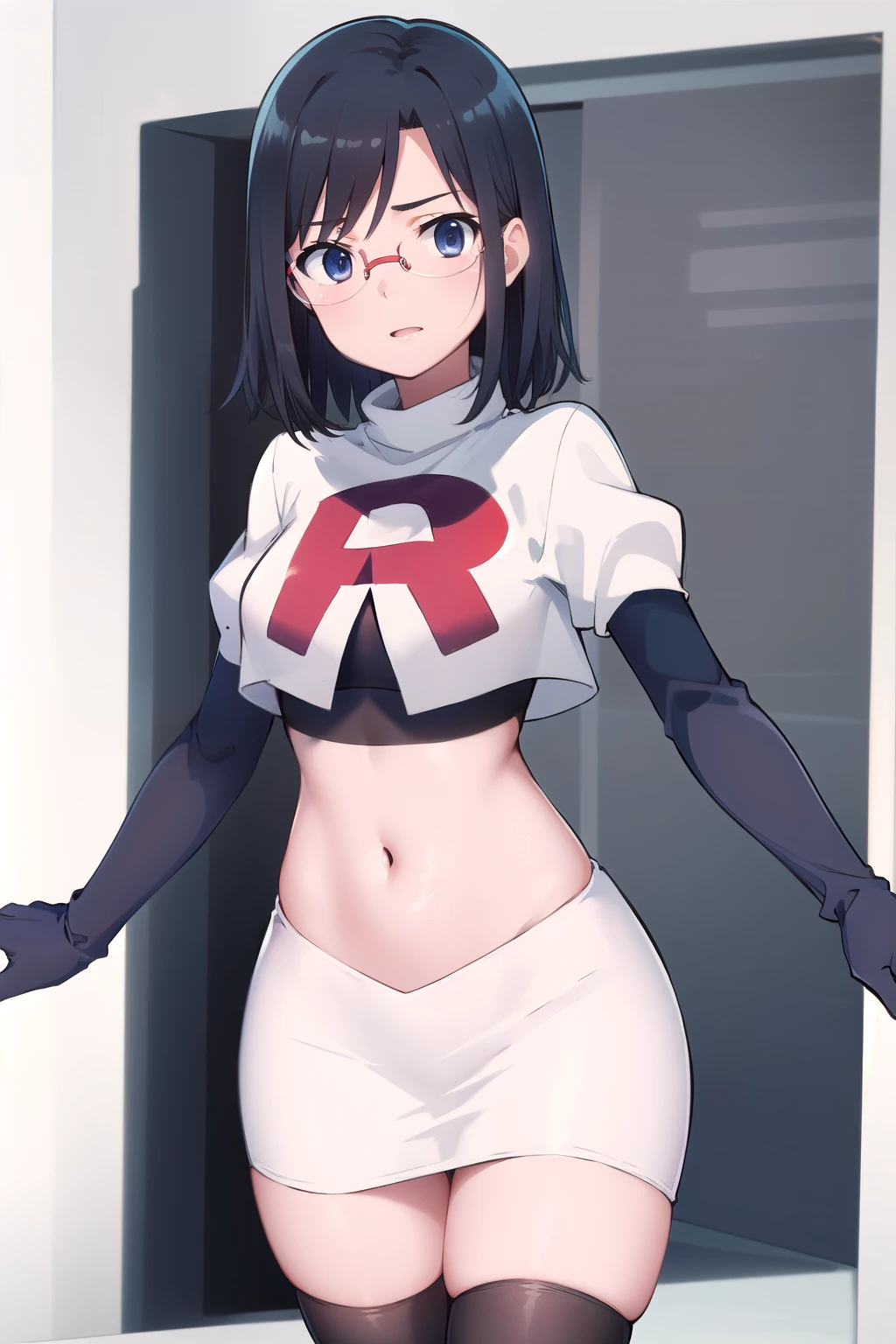 makoto nijima, blunt bangs, braid, brown hair, crown braid, (red eyes:1.3), short hair, ,glossy lips, light makeup ,team rocket,team rocket uniform, red letter R, white skirt,white crop top,black thigh-high boots, black elbow gloves, sinister villianess look, looking down on viewer, pantie shot