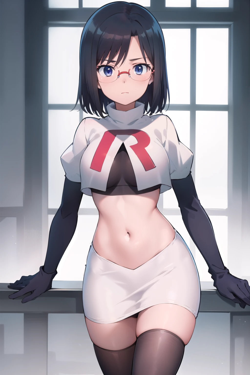 shiroganenaoto,1girl,solo,large breasts,heavy blush,(grey eyes:1.2), team rocket,team rocket uniform, red letter R, white skirt,white crop top,black thigh-highs,black elbow gloves