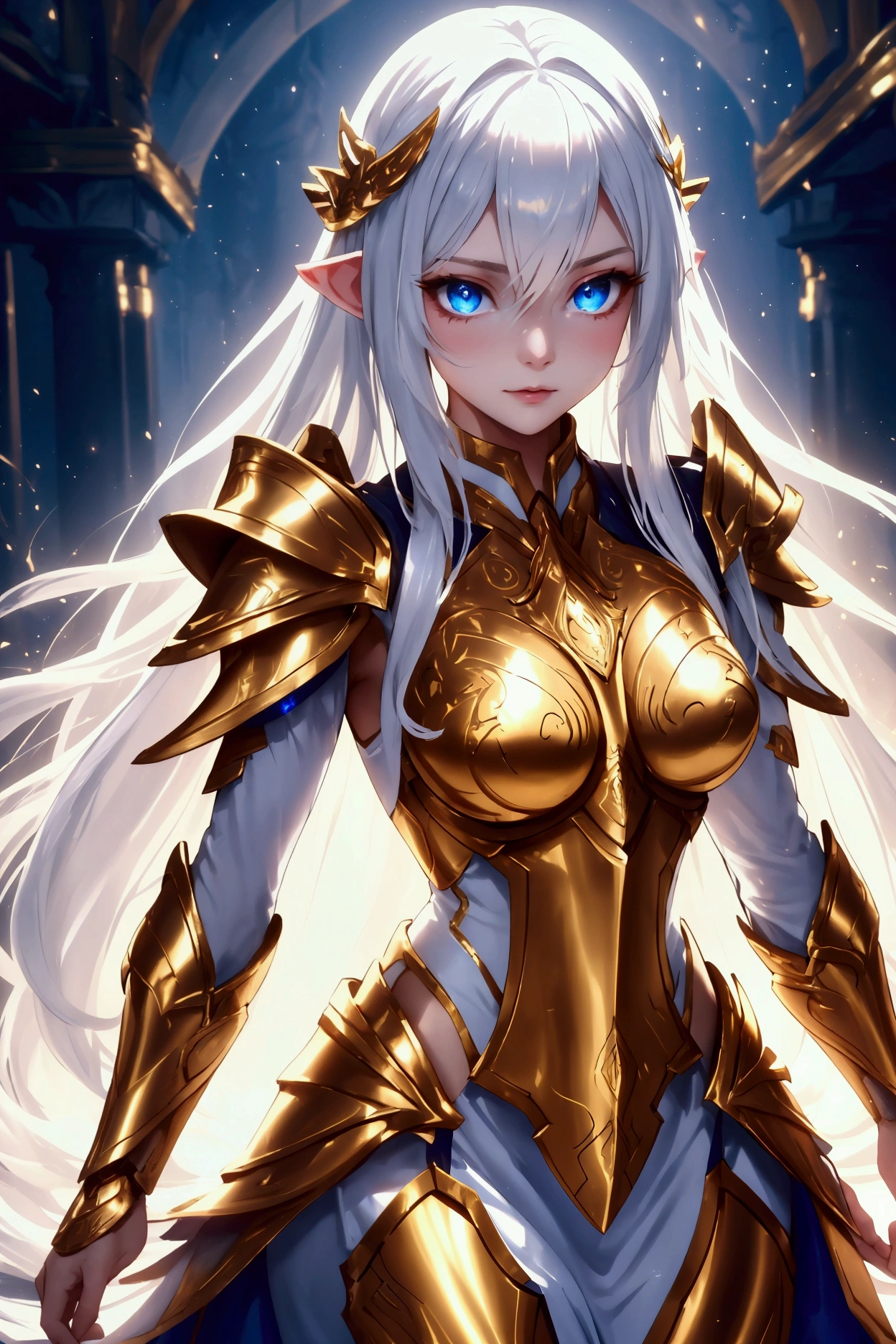 in confidently standing female blood elf paladin with flowing white hair, an intricately detailed plate armor, decorated with gold and silver accents, with elegant engravings and glowing elements. Her hands are naturally positioned with the right number of fingers. In the background is a swirling, ethereal light can be seen, that creates a mystical and divine atmosphere around them and underlines their power. The backdrop is soft and glowing, with a hint of magical energy, that radiate from their armor and the environment , perfect representation of hands