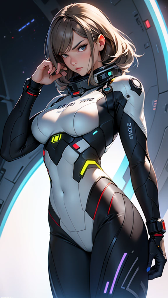 a woman in a futuristic suit with a sword,full-size photograph,Long legs, Slightly chubby,navel,Transparent skin,Perfect body shape,art feminine, Macro distance,mechanized valkyrie girl, ferra white mecha, girl in mecha cyber armor, female mecha, extremely detailed artgerm, echo from overwatch, Clear facial features,gorgeous female paladin,Advanced Rendering,depth of field