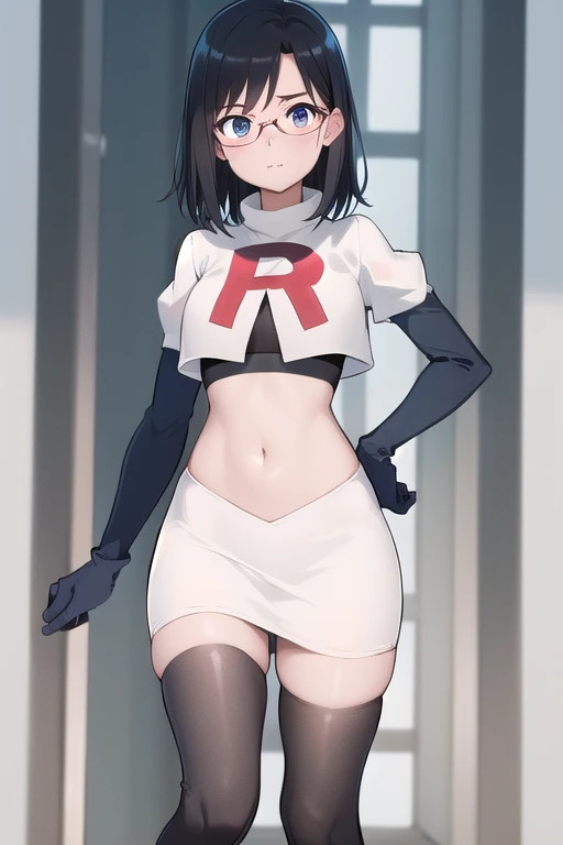 ochaco_uraraka, team rocket,team rocket uniform, red letter R, white skirt,white crop top,black thigh-highs,black elbow gloves, sinister villianess look , looking down on viewer