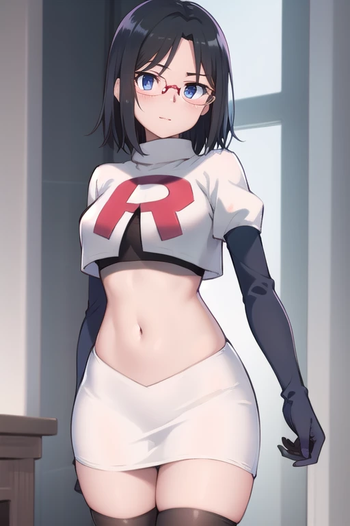 best quality, (masterpiece:1.2), illustration, absurdres,
(1girl), (solo), (beautiful detailed girl),
Sonya Baelz, blue hair, medium hair, grey eyes, large breasts, half-frame glasses, gray glasses,
team rocket,team rocket uniform,white skirt,red letter R,crop top,black thigh-highs,black elbow gloves,
looking at viewer, serious,