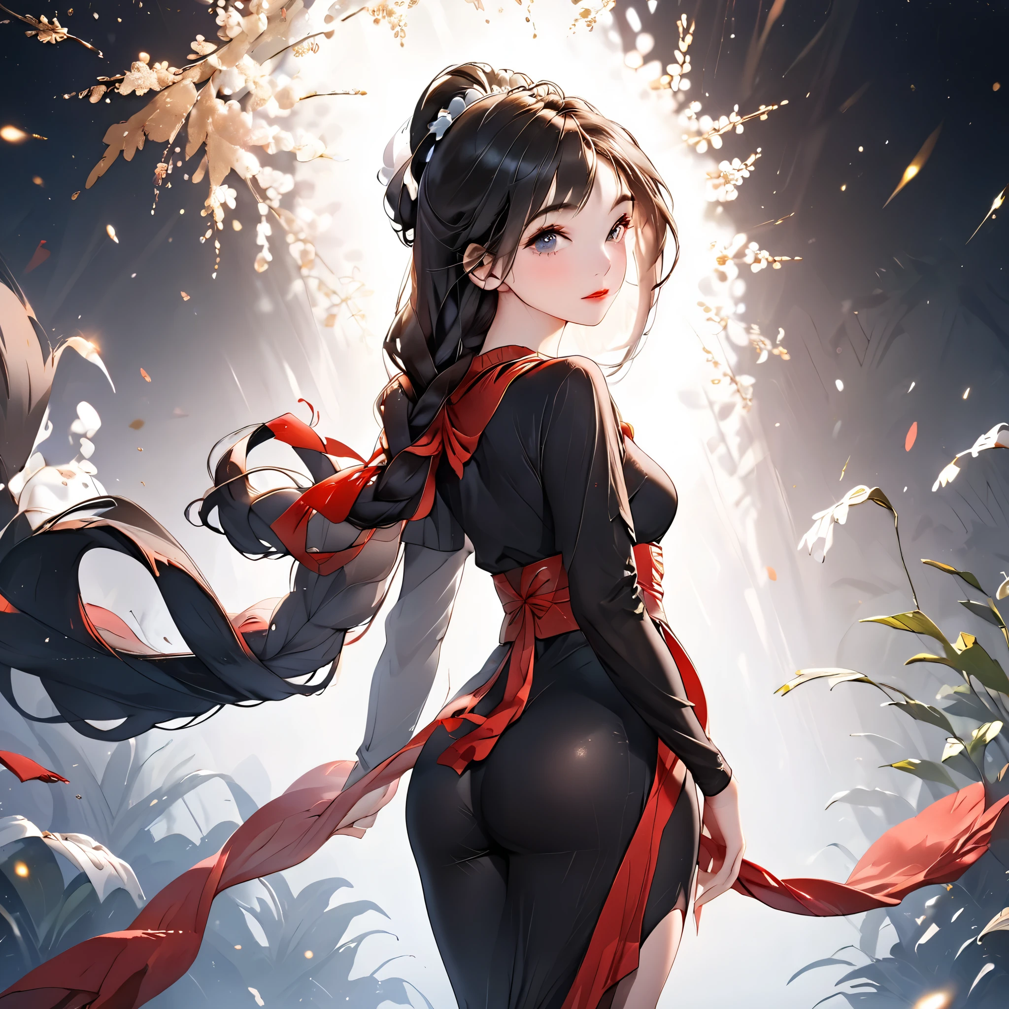 (beautiful girl:1.3),1girl,masterpiece,Highest quality,Ultra-high resolution,rich contrast,super high quality,8k,Highly detailed CG unit wallpaper,texture,Incredibly absurd,Ultra-high resolution,Highest quality anime,professional photograph,an extremely delicate and beautiful,RAW Photos,Depth of Field 1.2,ultra-detailed eyes,Glitter Effect,Beautiful glossy lips, 25years old, gorgeous legs, noise perfect, gorgeous ass, Fa Mulan from Disney, from behind, background random, ( Looking Back), gorgeous ass, dynamic pose, sensual woman, seductive woman, mature woman, Milf, maternal, shy look, full body, MulanXLP, black hair, long hair, red sash, tight lycra type dress,  dress black, 