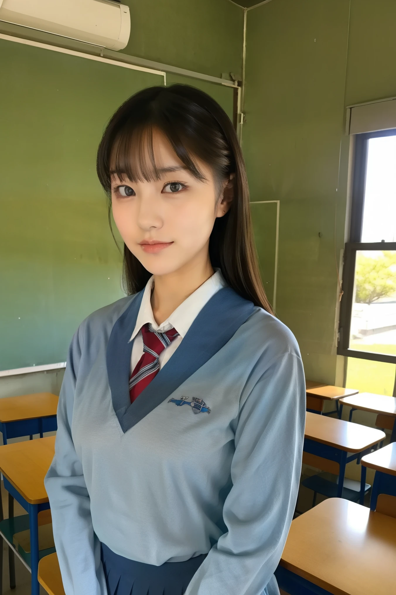 Japanese woman、 in the classroom、uniform、 portrait、 high definition、 high quality