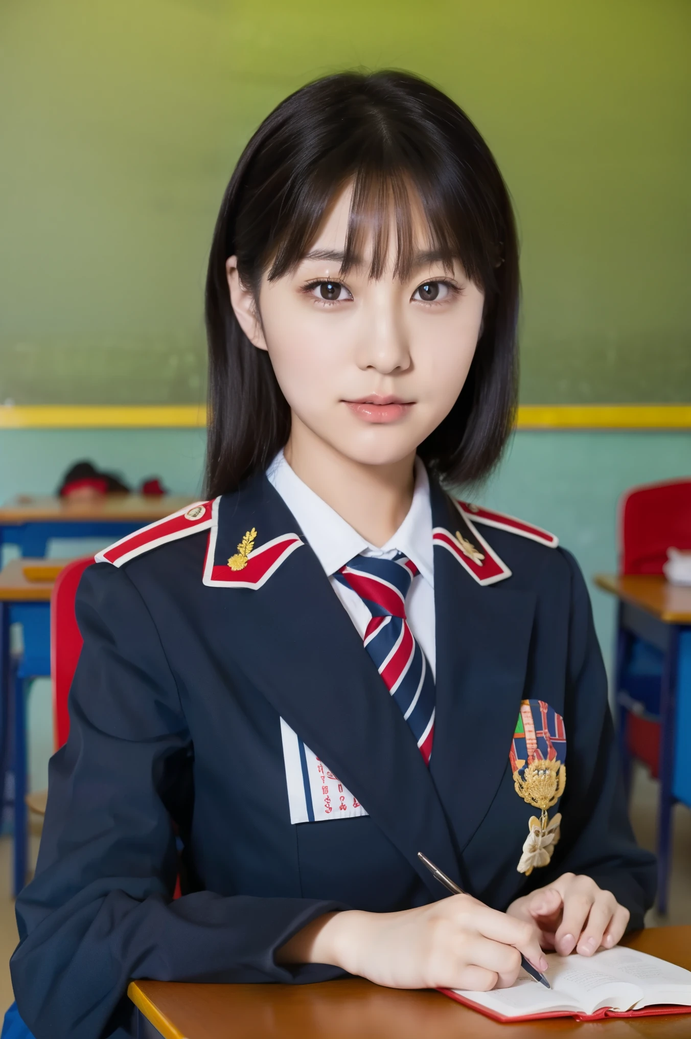 Japanese woman、 in the classroom、uniform、 portrait、 high definition、 high quality