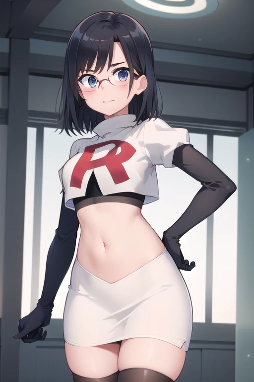 (masterpiece, best quality, ultra-detailed), 1girl, looking at viewer, glasses, team rocket,team rocket uniform,white skirt,red letter R,crop top,black thigh-highs,black elbow gloves,