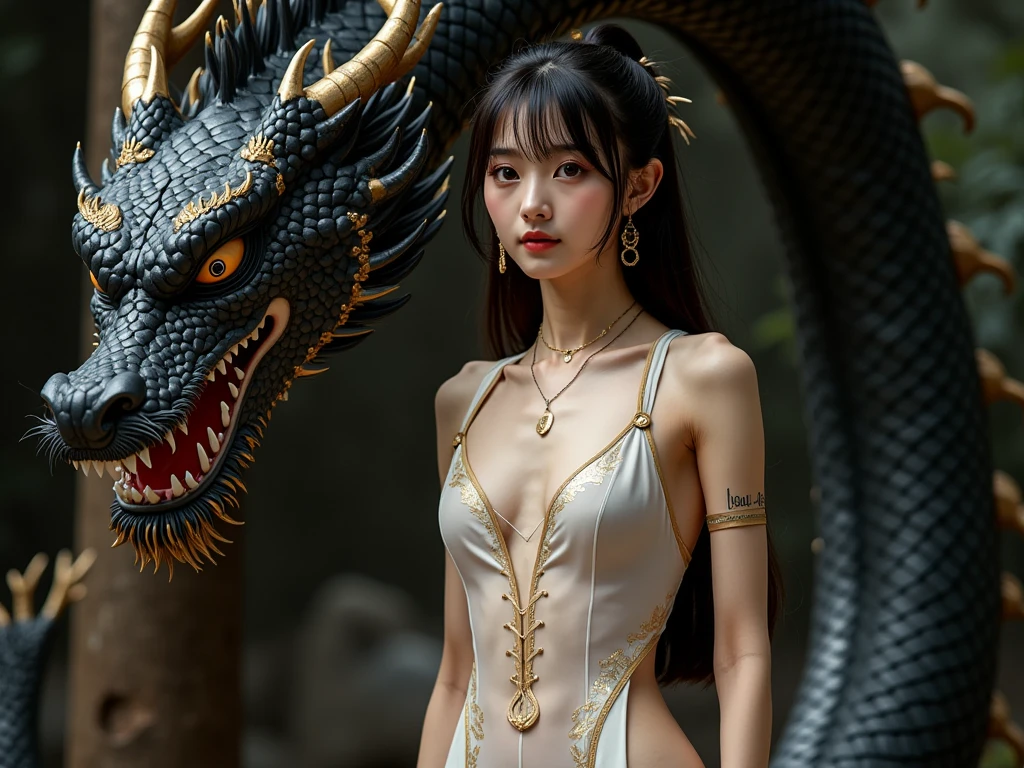 there is a schoolgirl in a black and white dress with a snake on her head, the dragon girl portrait, a beautiful fantasy empress, ruan j i a and art germ, r o s s t ran 8 k, w lop and r o s s t ran, r os s tran and wlop, 4 k detail fantasy, i u lee ji- eun as a super villain, unreal engine render + a goddess(((schoolgirl)))araffe schoolgirl in a gold dress posing next to a large dragon,schoolgirl, masayoshi suto and artgerm, the dragon girl portrait, realistic young gravure idol, 8 k artgerm bokeh, young sensual schoolgirl idol, schoolgirl live-action movie, schoolgirl goddess, a beautiful fantasy empress,((goddess))