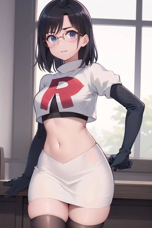 fubuki, fubuki, black hair, (green eyes:1.5), short hair,
BREAK jewelry, team rocket,team rocket uniform,white skirt,red letter R,crop top,black thigh-highs,black elbow gloves,
BREAK looking at viewer,
BREAK (masterpiece:1.2), best quality, high resolution, unity 8k wallpaper, (illustration:0.8), (beautiful detailed eyes:1.6), extremely detailed face, perfect lighting, extremely detailed CG, (perfect hands, perfect anatomy),