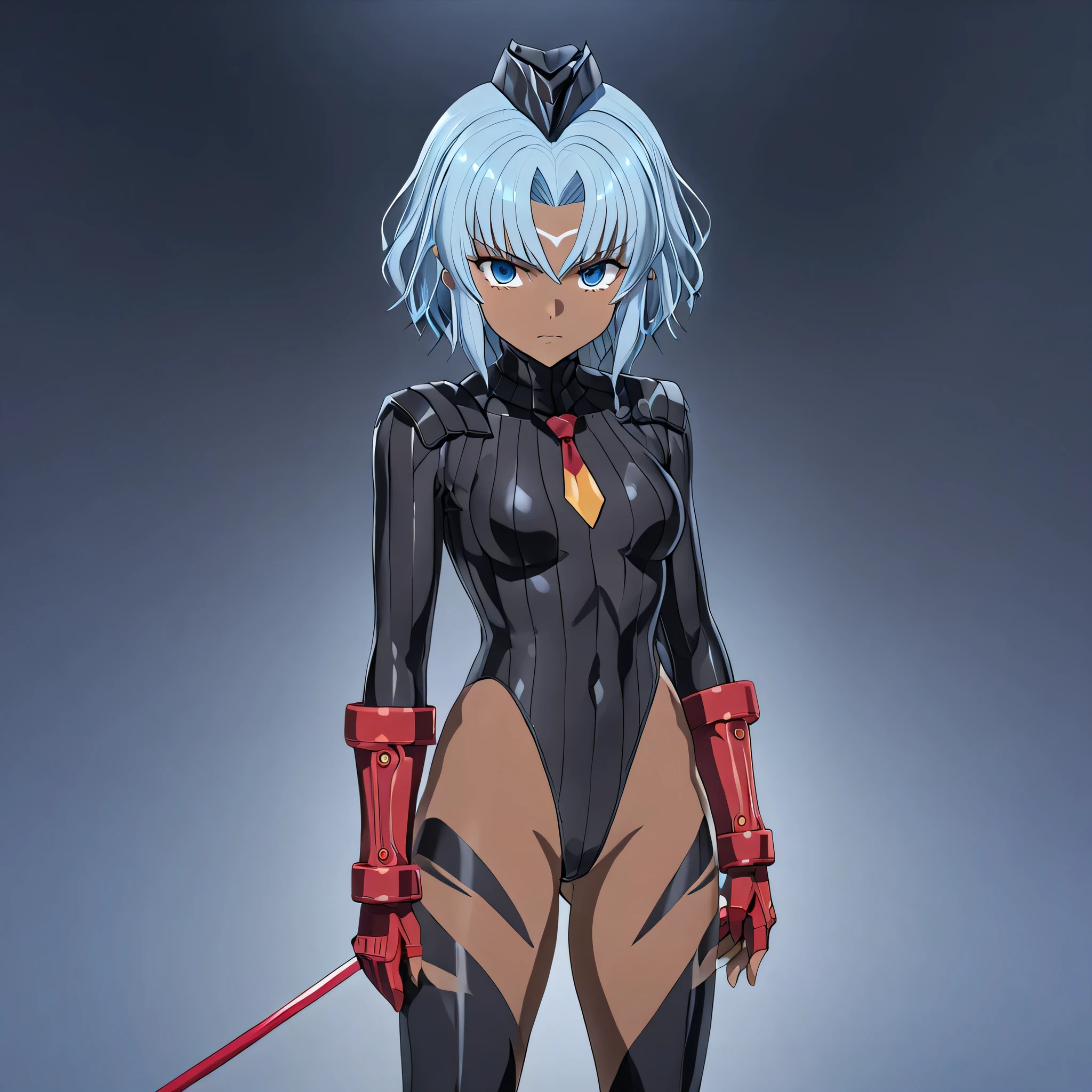 ultra-detailed, Explicit, Beautiful body, Beautiful Nose, Beautiful character design, perfect eyes, perfect face, ultra highres, 4K, beautiful legs, perfect legs, Nice hands, Perfect hand, Masterpiece, Best Quality, Highly detailed, illustration, absurdres, street fighter, doll suit, shadaloo doll, dollsuit, girls, multiple girls, expressionless, blank eyes, looking at viewer, red gloves, emotionless, black latex, corrution, mind control, female combatant, full body, hypnotized, unhappy trance, full body suit, ribbed bodysuit, both arms at side, stand up straight, obey, perfect female body, extremely glossy latex, hypnosis, hypnoLora, empty eyes, Mind control device, poses, brainwashed, submissive_pose, Slave, hat, necktie, stand up straight, standing, standing at attention, belt, extending the right arm from the shoulder into the air with a straightened hand, nazi saluting, military, military saluting, salute, right hand saluting, left hand at side, latex, ribbed bodysuit, wide hip, thicc, a curvy body, garter belt, black thighhighs, frilled sleeves, stakes of purgatory, Summertime Renderimg, kofune mio, black hair, short hair, blue eyes, dark skin