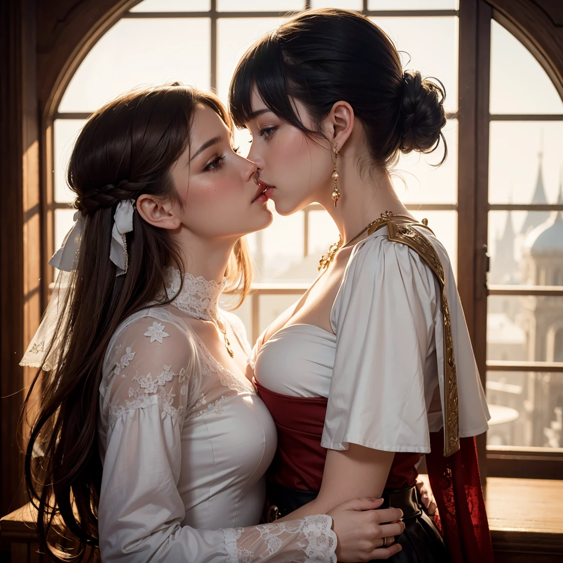 1 a girl, long black hair , clear skin, big brown eyes, Slim appearance, Red lips, with big breast, Closing the eyes, kissing the man, wears a dress, medieval, 2 two men , short white hair, broad chest, white eyes, high, wear medieval costume, 3 two men, short white hair, high, broad chest, wears medieval costume, forest, kisses