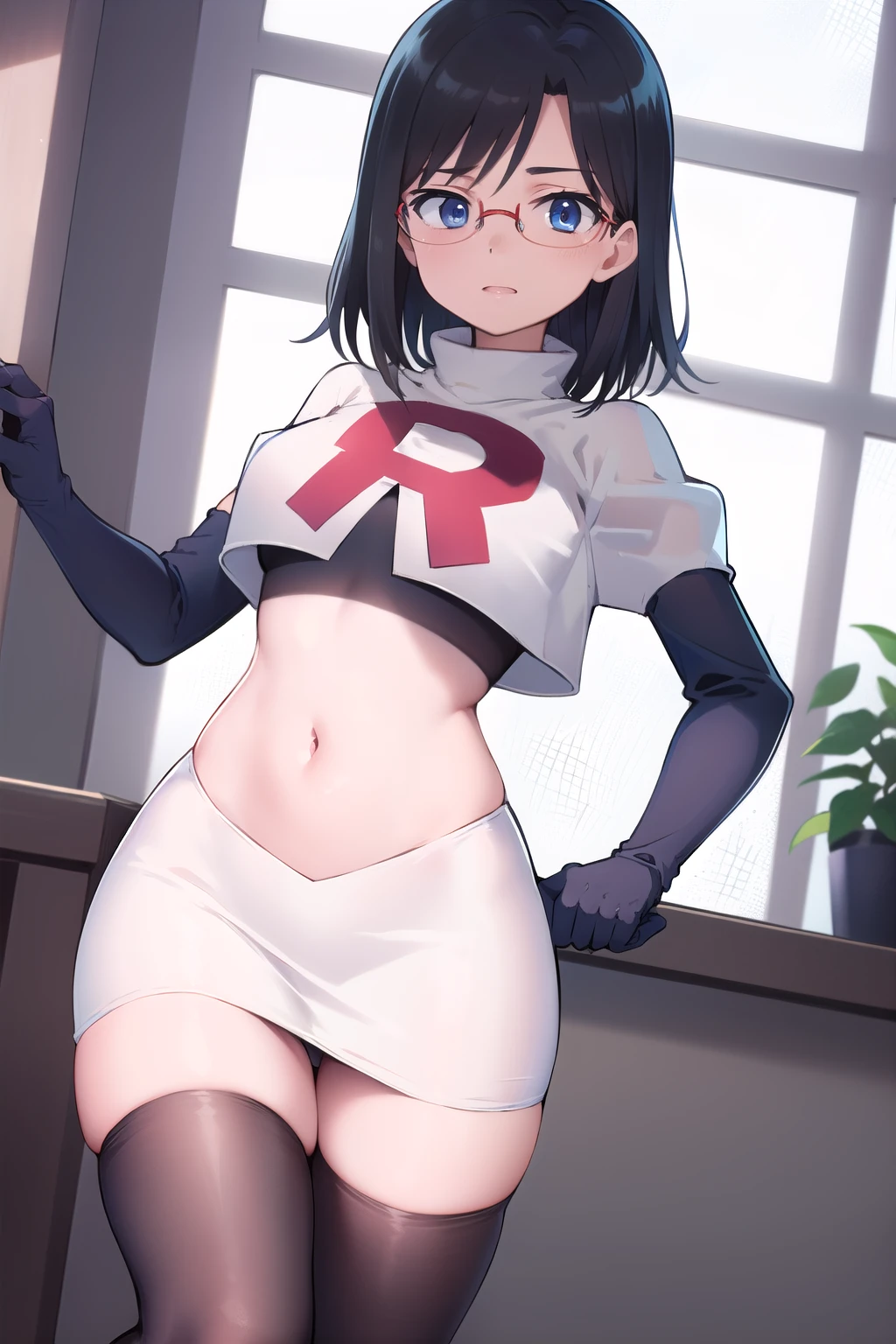 SilverwolfV5, grey eyes,team rocket,team rocket uniform,white skirt,crop top,black thigh-high boots,black elbow gloves,