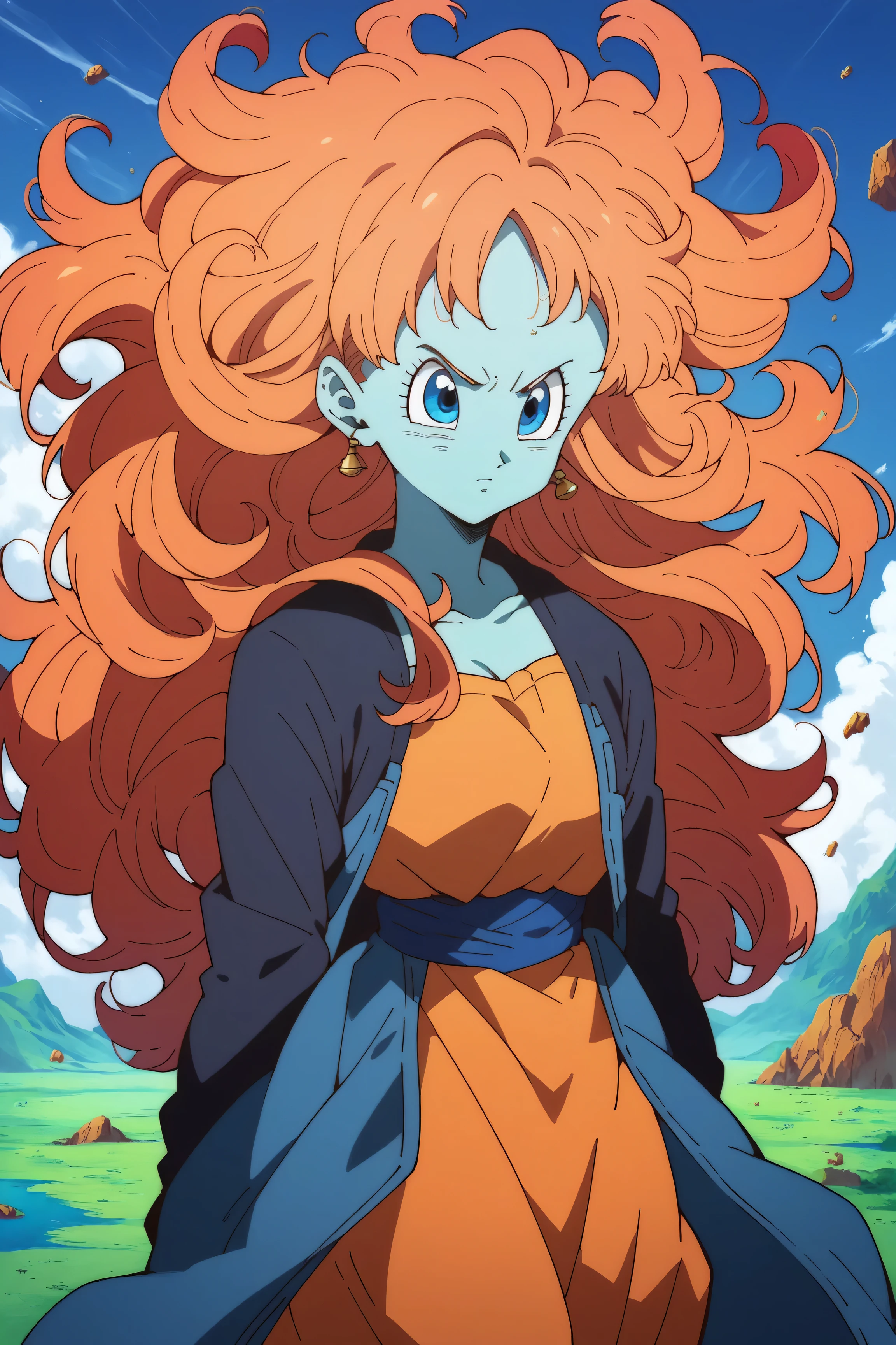 score_9, score_8_up, score_7_up, score_6_up, score_5_up, score_4_up, masterpiece, high quality, BREAK, full body, BREAK, 1girl, ai shindou, zangya (dragon ball), orange hair, long hair,floating air, blue sea eyes, blue skin,
