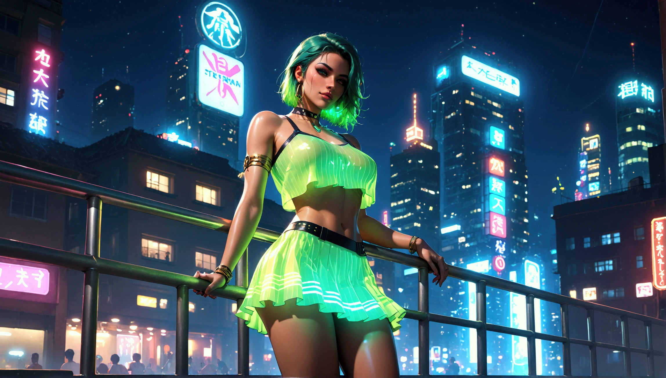 Beautiful 1girl, cute girl, solo, (green curly-hair, very curly hair, colored inner hair, short hair1.25), (green_eyes:1.3), (small breasts: 1.4), big butt, big eyes, lustrous bright skin: 1.5), thin body, embarrassed, zettai ryouiki, revealing clothing, (rave miniskirt, visible thong straps, white loose tank top with an anime art print: 1.6)), ((cyberpunk city by the ocean at night, with bright neon signs and dark stormy clouds and puddles, scenery:1.25)), masterpiece, best quality,3d rending work ,3DMM style, close-up, portrait, 3D,