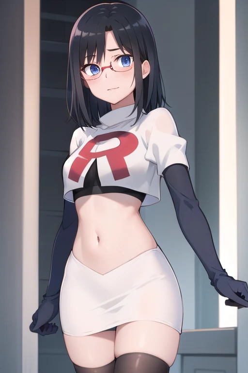 (masterpiece, best quality, ultra-detailed), 1girl, looking at viewer, glasses, team rocket,team rocket uniform,white skirt,red letter R,crop top,black thigh-highs,black elbow gloves,