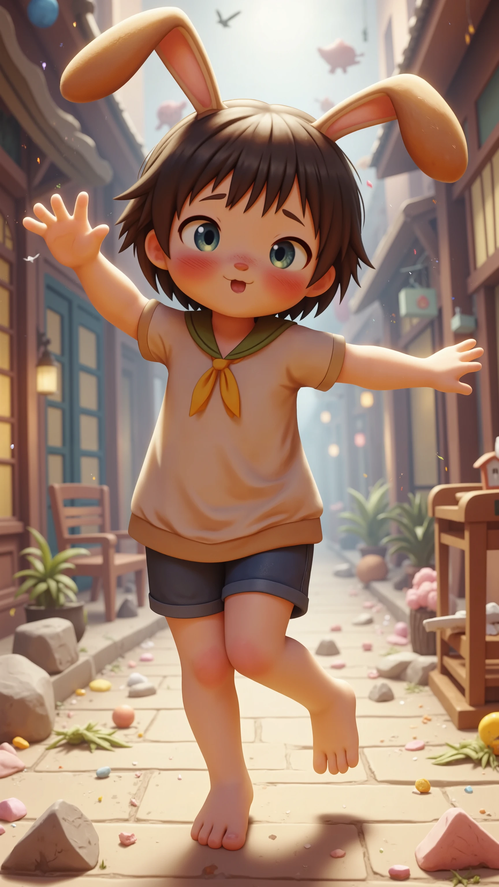 Noa a boy with medium size black hair, blue eyes with bunny ears patching, dancing with cute steps. High Resolution, Brown Rabbit Ears, Masterpiece, Anatomically Correct, Best Quality, Award Winning, Detail, Super Detailed, Black Hair, Blush, 3D Rendering, 8K Octane, Blue eyes,