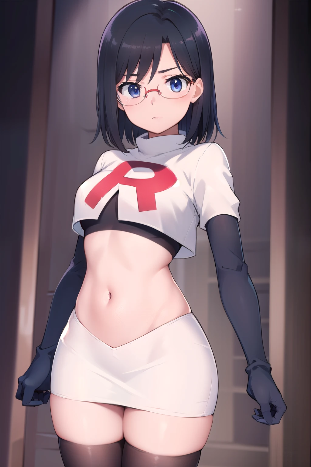 (masterpiece, best quality, ultra-detailed), 1girl, looking at viewer, glasses, team rocket,team rocket uniform,white skirt,red letter R,crop top,black thigh-highs,black elbow gloves,