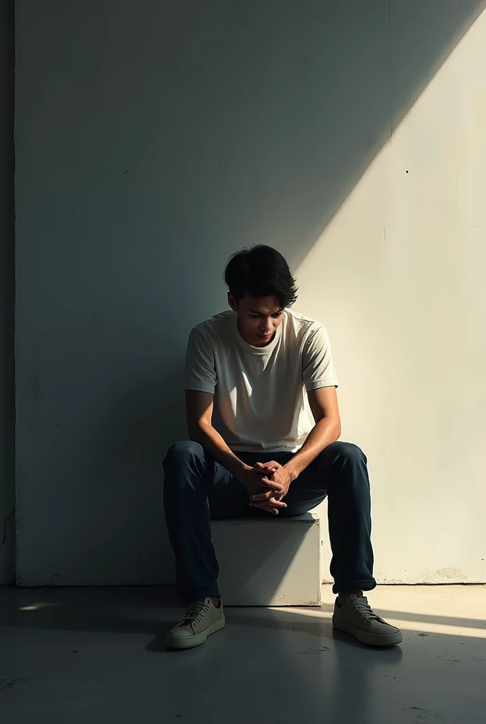 The person is also generated vertically.Create a highly detailed image of a mysterious and thoughtful young man in a crouched position. The character should have spiky black hair, large expressive eyes with dark circles, and a pale complexion. He is dressed in a loose-fitting white long-sleeve shirt and dark blue jeans. His pose is distinctive, with one hand near his mouth and the other resting on the ground for balance, and he is barefoot. The background should be minimalistic and white to emphasize the character's unique appearance and contemplative demeanor. The lighting should be soft, highlighting the character's thoughtful expression and unique posture.Background is a little horror.