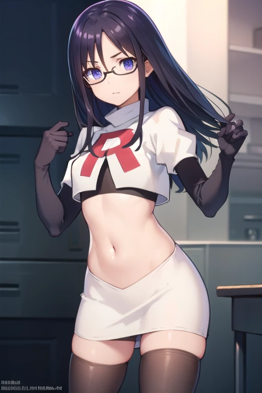 (masterpiece, best quality, ultra-detailed), 1girl, looking at viewer, glasses, team rocket,team rocket uniform,white skirt,red letter R,crop top,black thigh-highs,black elbow gloves,