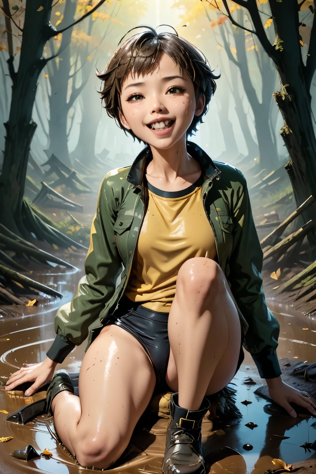 ((Highest quality)), ((masterpiece)), Dark dirty garbage filled pitch black green sludge quagmire at waste dump、Cute Japanese with short hair、boyish、Light brown hair、Thick body type、Thicker legs、Getting lost in the mud in yellow Hunter rain boots、Fall、Blazer uniform muddy、Checkered blouse covered in mud、Black gymnasticsbloomers and covered in mud、Mud stains on face、Mud stains on clothes、 smile、wearing a Black gymnastics bloomers, High leg、white blouse, cowboy shot,