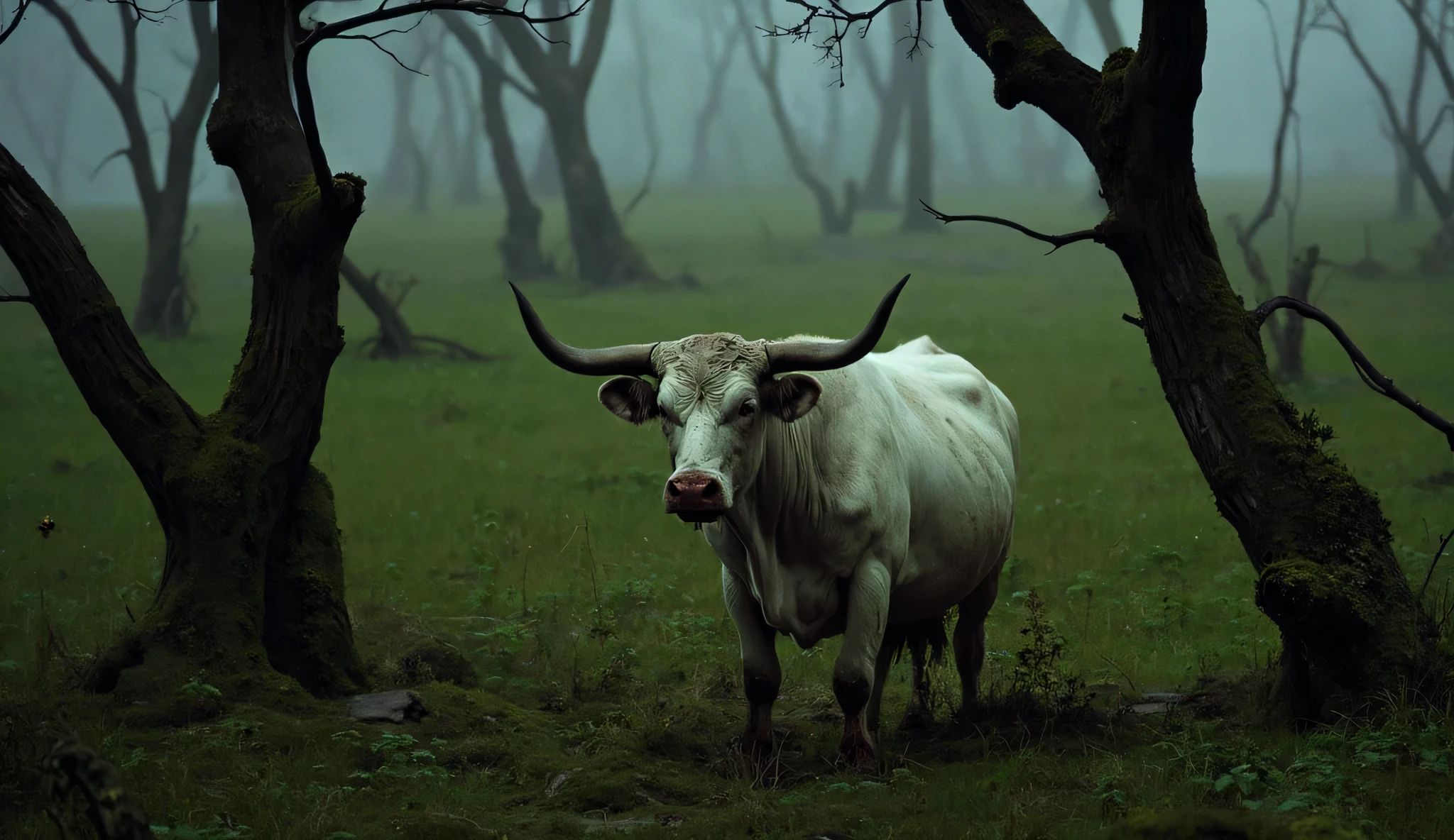 a realistic image of a green field with broken trees in the background, some holes in the ground, and a completely white bull with dirt on its snout and blood on the horns among the broken trees. It's late afternoon.