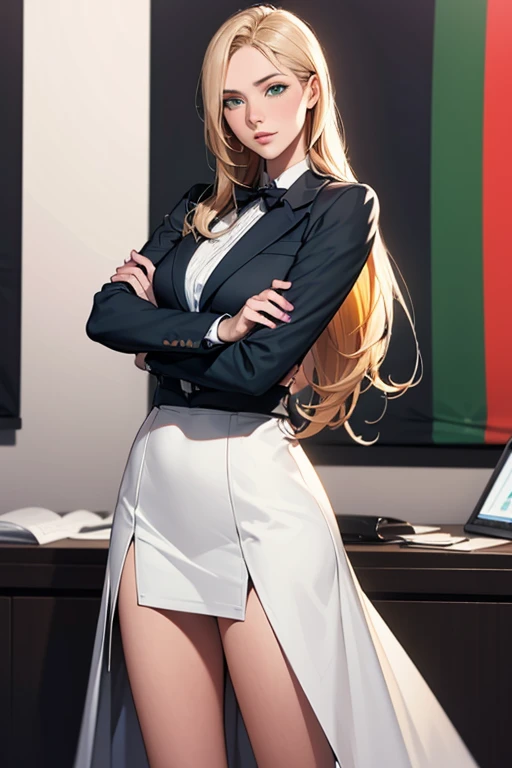 #Basics A girl is posing for a photo, animeのかわいい女の子, (((One Girl, Baby Face, Young girl, 16 years old))),
BREAK
#Clothing Accessories
(White suit : (Wear a suit jacket) + Black blouse + Slim pencil skirt + (Red tie)), (Sheer black pantyhose + Black High Heels),
(Silver Necklace, silver earrings),
BREAK
#Features
((Blonde:1.4), (Chest-length sideburns + Curly hair), (ponytail : Very long hair + Curly Hair + Curled up + Plump and voluminous)),
(Droopy eyes,blue eyes), (Small breasts), (Tanned dark skin),
BREAK
#background environment
((noon, Sunshine + Office in a modern building)),
#Facial Expression Pose
(smug face, She is standing in a confident and powerful pose with her arms crossed, A commanding presence),
#composition
((Face the camera, from below, Cowboy Shot)),
BREAK
#Body parts elements
(Symmetrical facial features, Beautiful face with attention to detail),
(Detailed hair, Beautiful Hair, Shiny Hair),
(double eyelid, Long eyelashes),
(Expression of fine eyes, Beautiful and delicate eyes, Sparkling eyes, Eye Reflexes),
(Human Ear),
(Beautiful Nose, Thin Nose),
(Glossy lips, Beautiful Lips, Thick lips),
(Detailed skin, Textured skin, Beautiful Skin),
BREAK
#Quality
(((Highest quality)), ((masterpiece)), ((Very detailed))), ((High resolution), (16K,1080P)),
(Realistic), (Anatomically correct),
((comics, anime)), (3DCG), CG illustration,