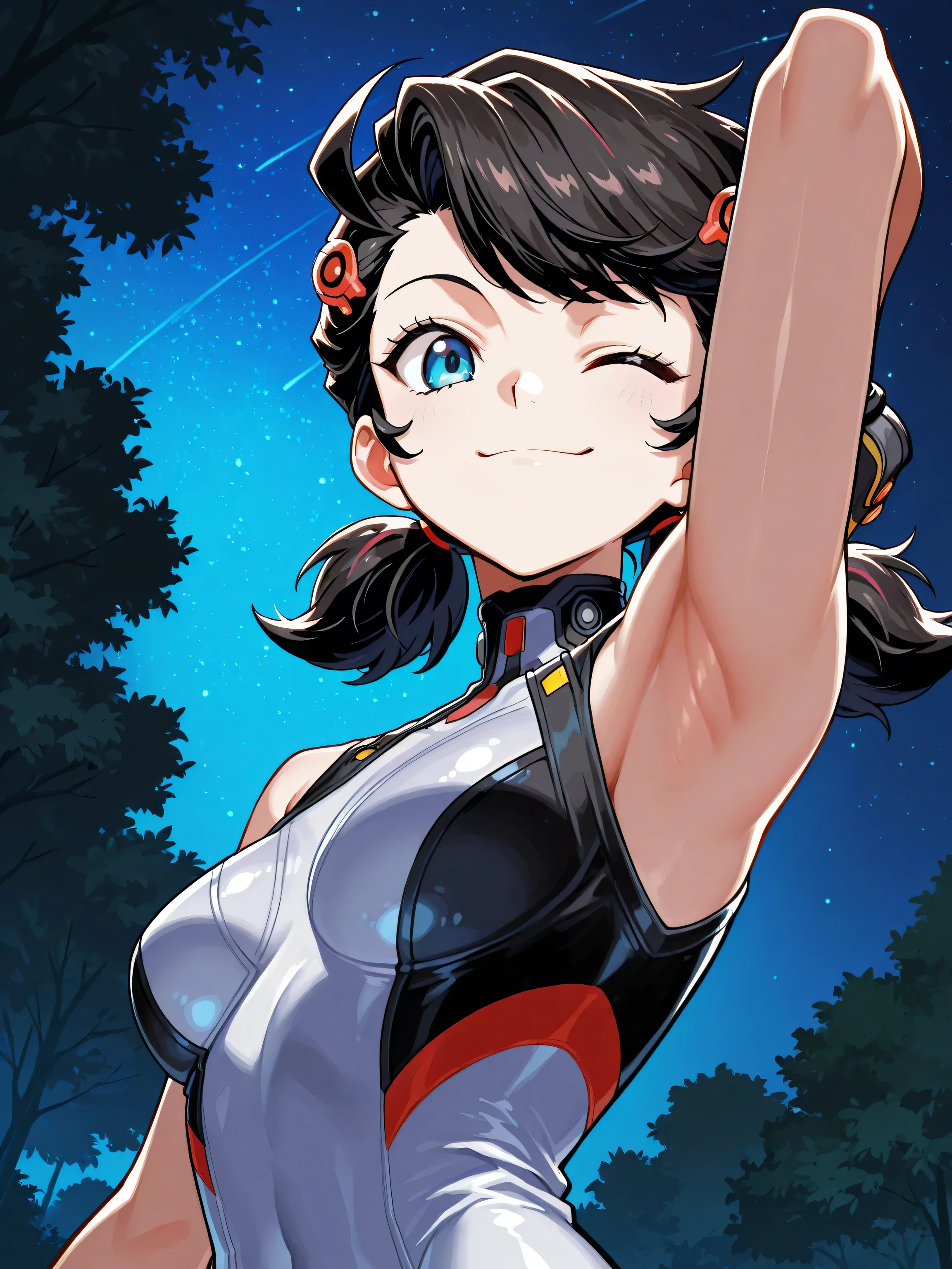 anime screencap, 1girl, solo, Peni Parker, twin tails, black hair, Blue eyes, bodysuit, breasts, sleeveless, bare shoulders, bare arms, arm behind head, armpit, head towards viewer, looking at viewer, smile, closed mouth, badhandv4, bare shoulders, bare arms, outdoors, night, park, wink, from side, from below 