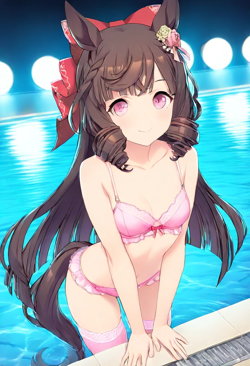1 girl,alone, age,red eyes,brown hair permanent,Wet,pool,think back,
pink ruffle bikini,bikini skirt,
maid headdress, hair flower,from below,leaning forward, cleavage,