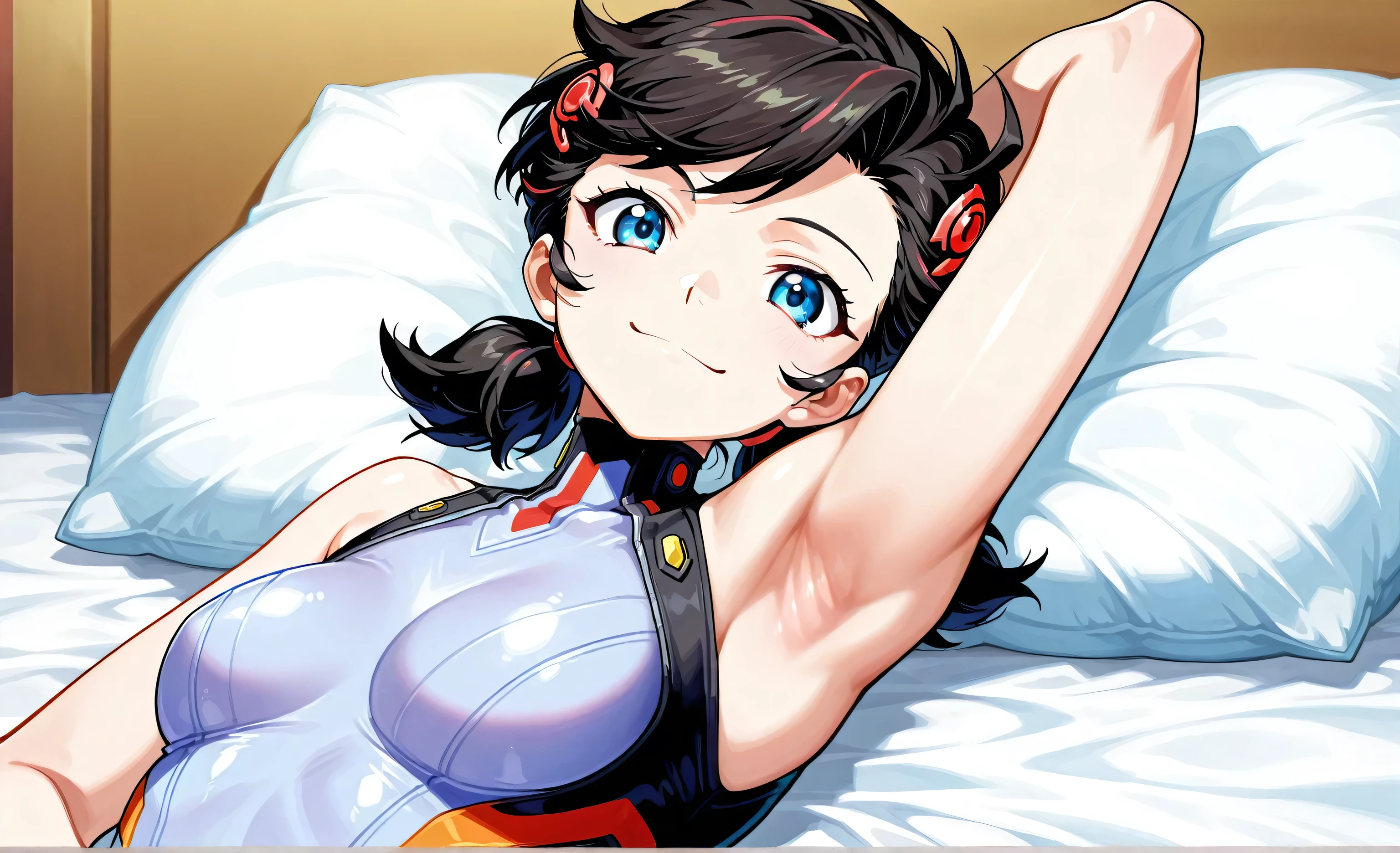 anime screencap, 1girl, solo, Peni Parker, twin tails, black hair, Blue eyes, bodysuit, breasts, sleeveless, bare shoulders, bare arms, arm behind head, armpit, head towards viewer, looking at viewer, smile, closed mouth, badhandv4, bare shoulders, bare arms, lying in bed, curious, from side