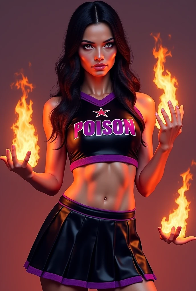 Red-haired woman with an evil face, with white bikini, denim skirt and red high heel sandals, holding the letter Y of fire in the right hand and the number 7 of fire in the left hand.