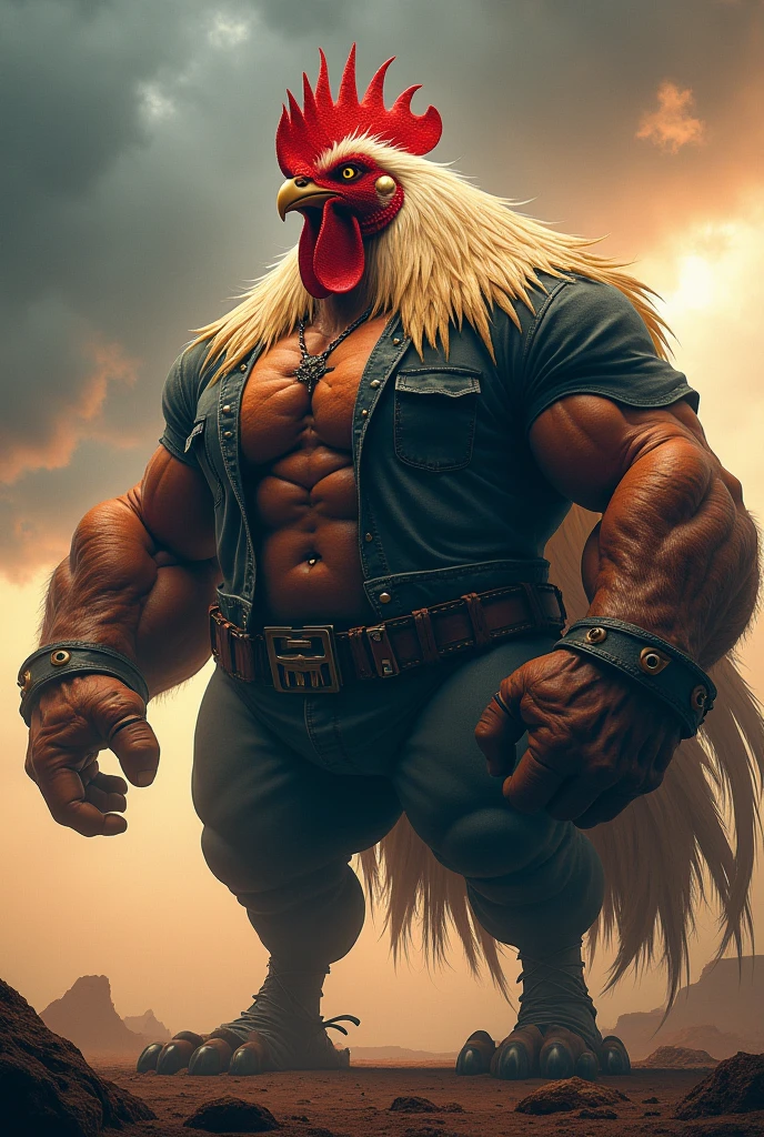 rooster bird in the spotlight, muscular, puffy chest, open black vest, black tattoo, in a soccer stadium, with rayban, fans in the background, black smoke in the air