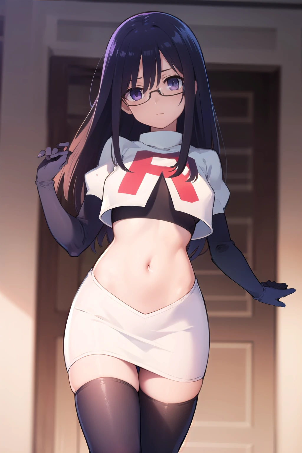 best quality, masterpiece, highres, solo, {hazuki_shizuku_newgame:1.15}, glasses, long_hair, red-framed_eyewear, grey_hair, bangs, semi-rimless_eyewear, under-rim_eyewear, brown_eyes, blunt_bangs, team rocket,team rocket uniform,white skirt,red letter R,crop top,black thigh-highs,black elbow gloves