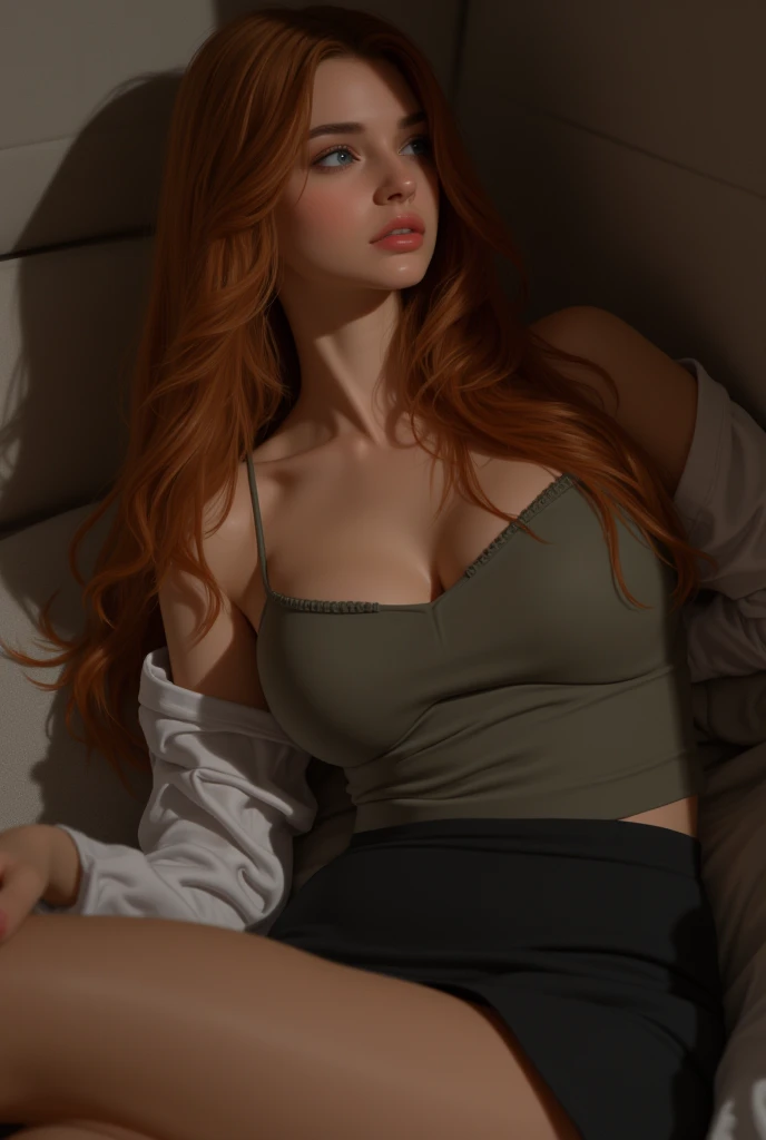 ((((masterpiece, best quality, high resolution)))), Extremely detailed 8K, Beautiful girl with voluptuous body, (Ultra HD, Ultra-detailed, Highly detailed, Highly realistic, Ultra-realistic, photograph realistic), (1girl:1.5), (Realistic red hair), (long wavy hair, hair ornaments, earrings), (dynamic poses), facing at camera, looking at viewer, (blushing red, embarrassed, smile), (hazel eyes, sharp eyes), (big perky breasts:1.2), (beautiful detailed face, beautiful detailed eyes), ((black tank top, thin material, lace panties)), (detail pussy), (standing up), sweat, glow, (sunbeam, sunlight), ((cowboy shot)), bedroom, seductive