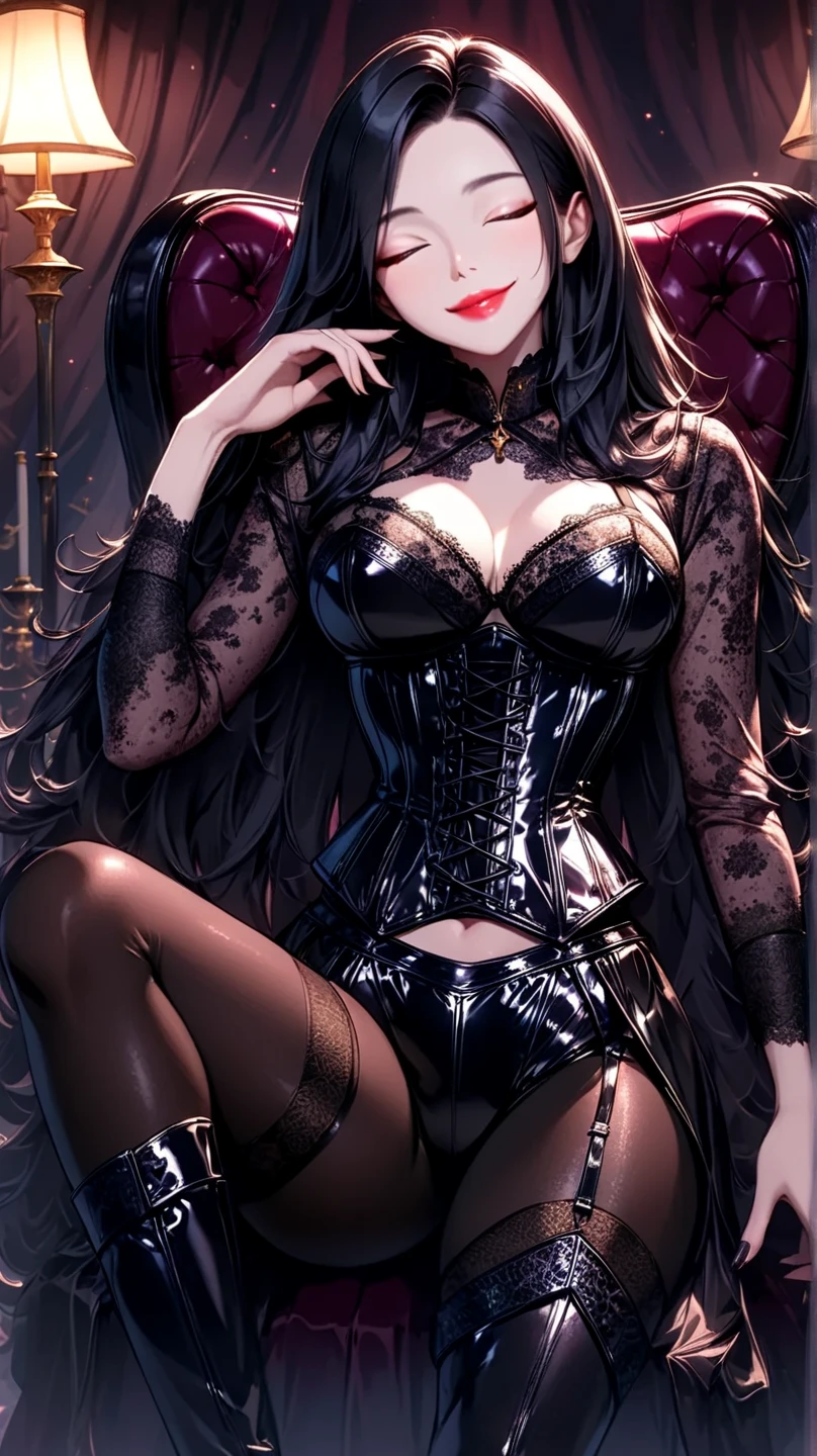 maximum quality、8K、Masterpiece artwork:16.9、gothic punk、red internal color、A brunette、hair ornaments、a beautiful girl、creative、dark fantasy style、Gothic Neogooda:16.9, a sexy girl made up sexual showing all her sexuality, steampunk style