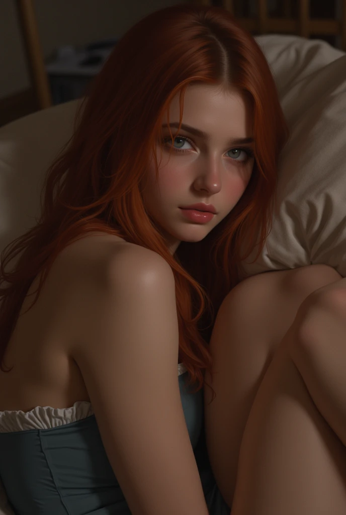 female, 18 years old, realistic, naked, beautiful, detail face, sleeping, full shot, closed eye, mouth open, relaxed expression, small breasts, lying on stomach, auburn hair, pink bed theme, an ultra-high picture quality, high-detail