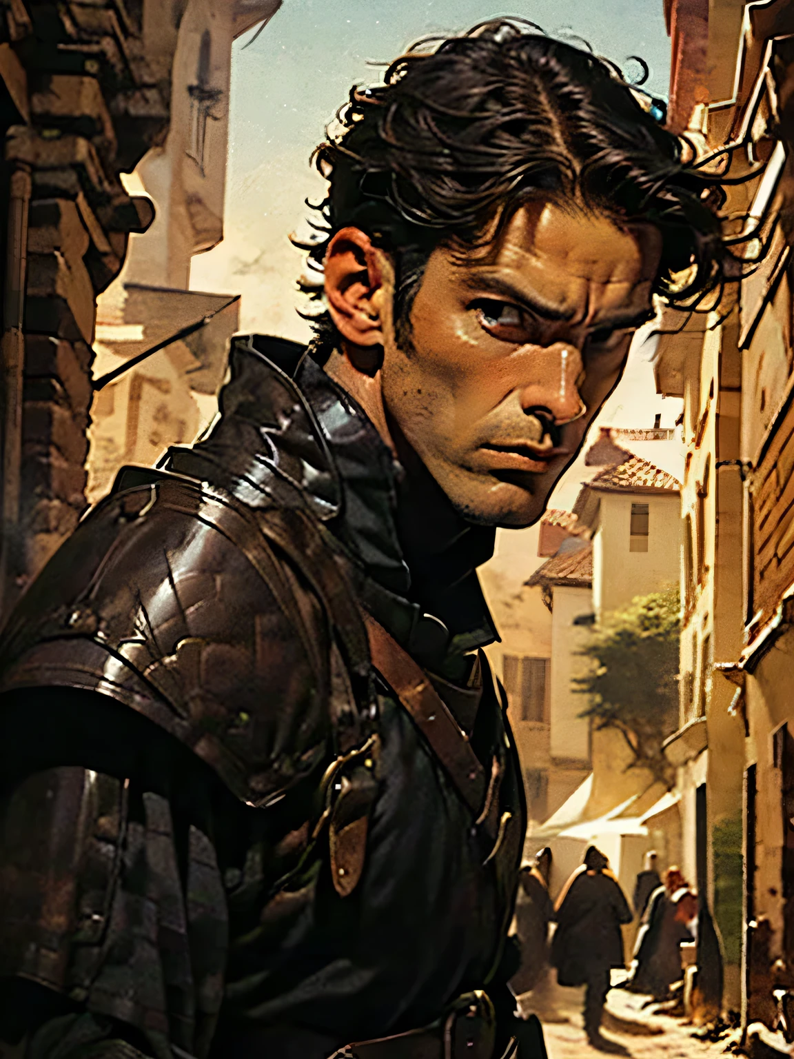 A middle-aged medieval soldier, mature face, with black armor, With brown hair and a big nose, serious and intimidating face