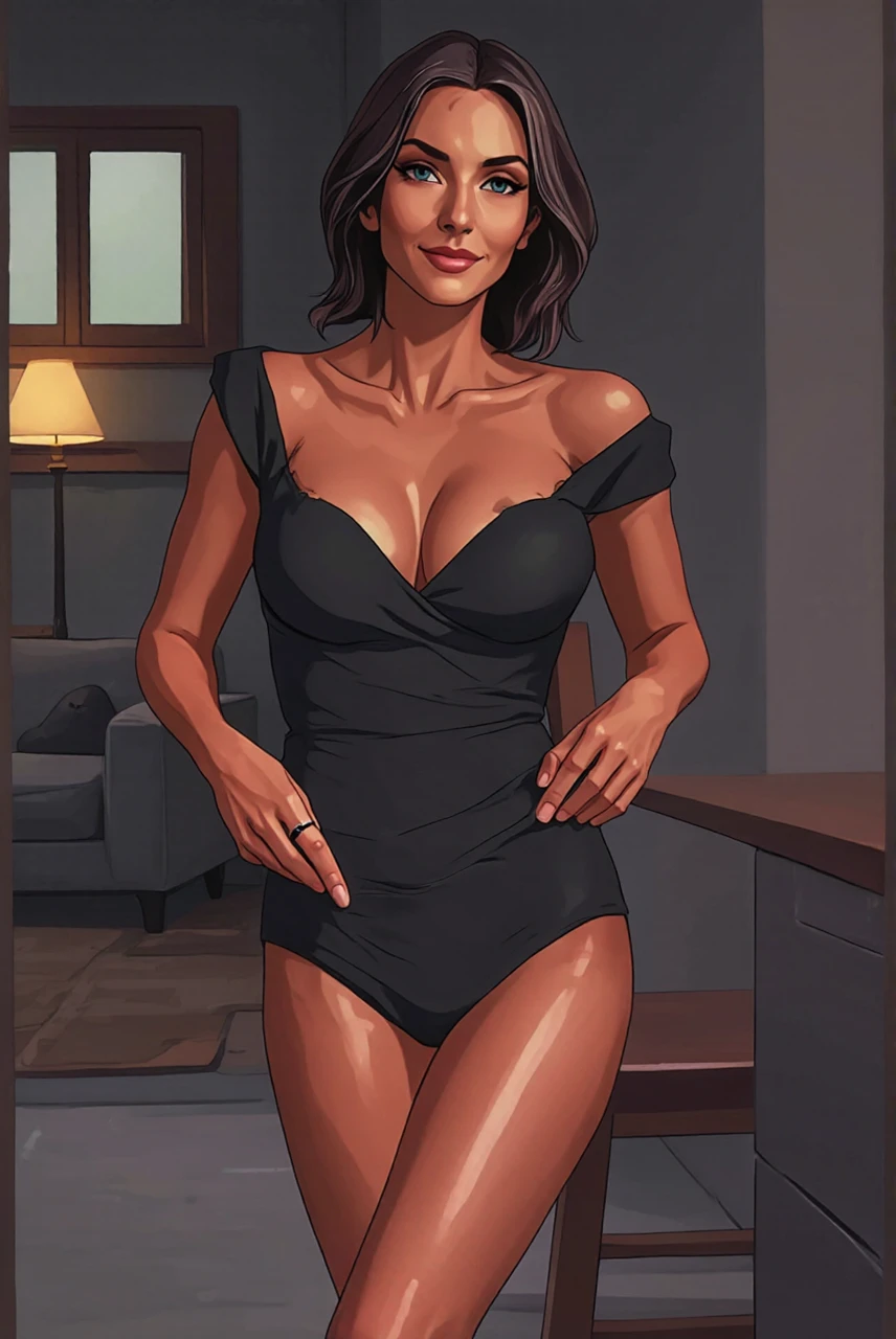 Here's a prompt for you:

Stunning Lebanese woman in her 30s posed vertically against a sleek, modern background, radiating effortless elegance. Her C-cup breasts and curvaceous buttocks are accentuated as she strikes a pose, Trendsetter wolf-cut brown hair slightly tousled framing her Anne Hathaway-esque features. Piercing black eyes, soft full lips, and a subtle smile create a flirty gaze beckoning the viewer's attention. Natural skin texture glows with a radiant complexion, messy locks adding to her effortless charm. Meticulous rendering in hyper-realistic style brings every detail into sharp focus.,bbw