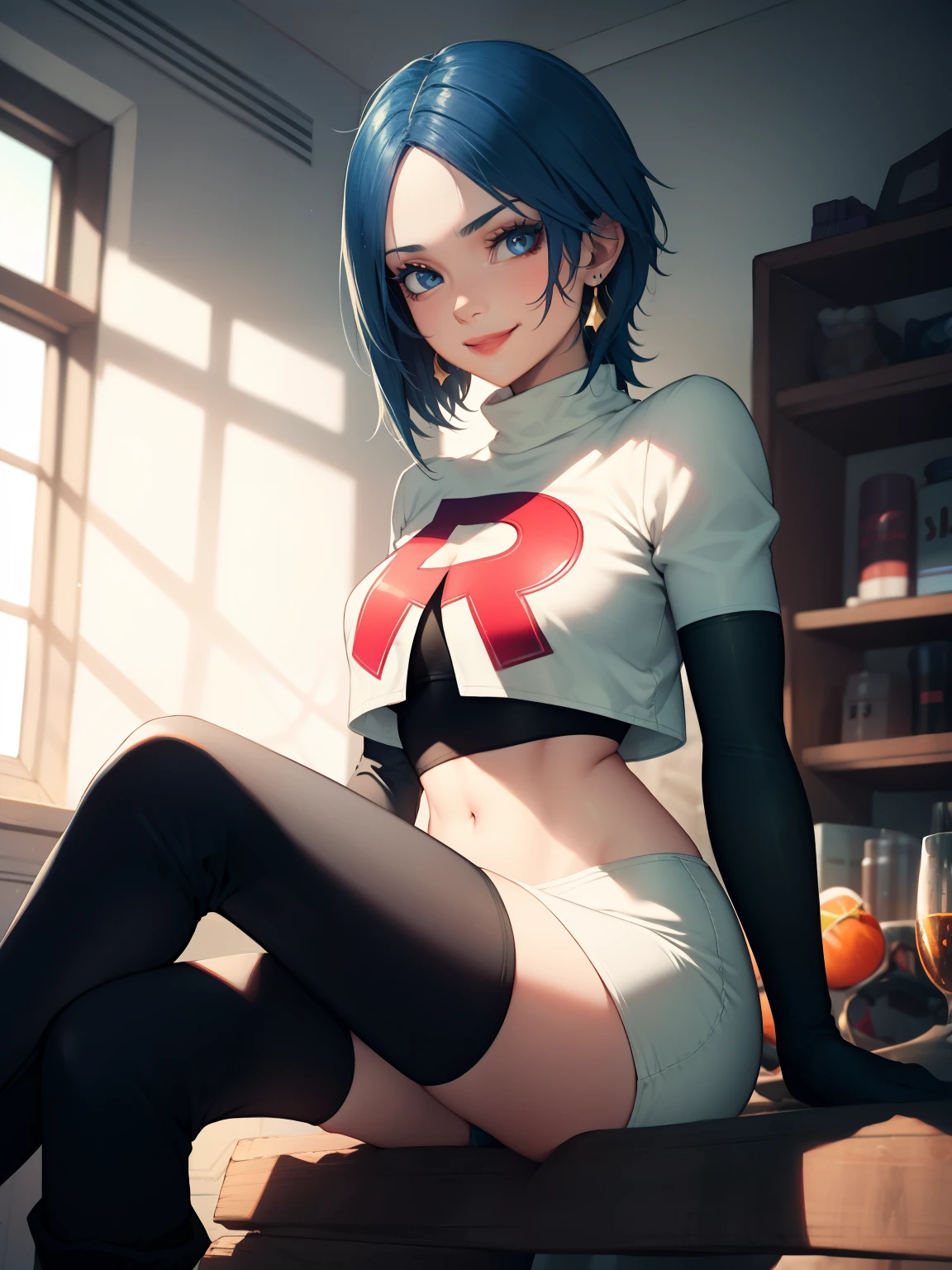 khaqua ,earrings ,lipstick, eye shadow ,team rocket,team rocket uniform, red letter R, white skirt,white crop top,black thigh-high boots, black elbow gloves, evil smile, sitting down, crossed legged