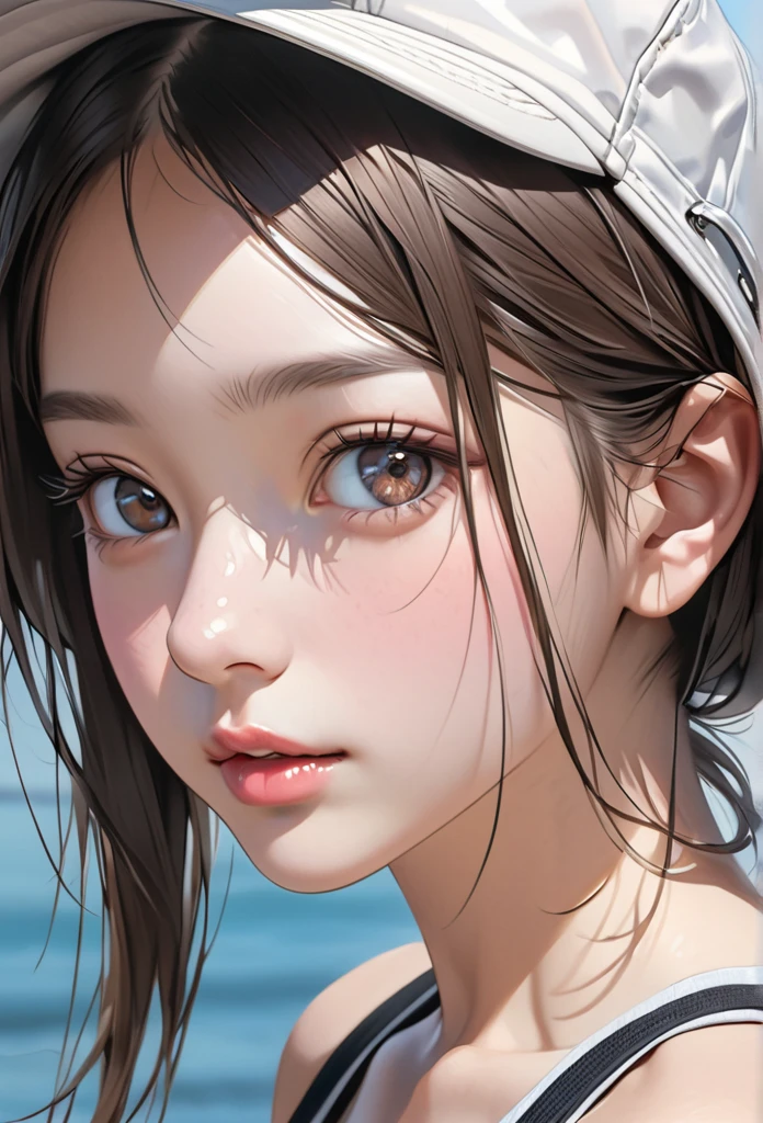 highest quality、realistic、Japanese、girl、zoom、look up、cute、brown eyes、very short hair、boyish、black hair、all back、The forehead is out、Ocean、light blue swimsuit、joy、close up face、slender、small breasts