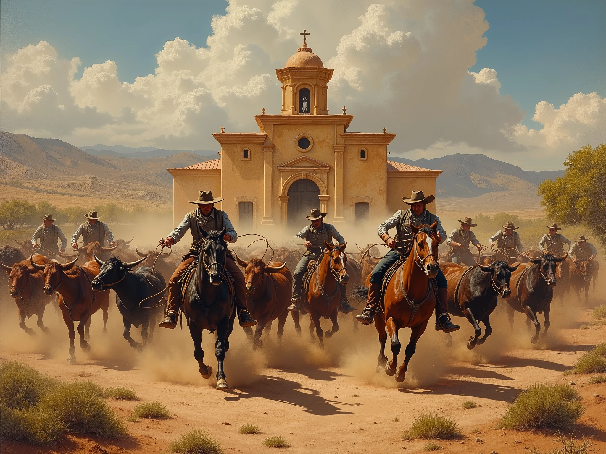 Quality captures the intense passion of rustlers stealing cattle from a Mexican ranch. In the background there is a Spanish chapel and the center of the hacienda.