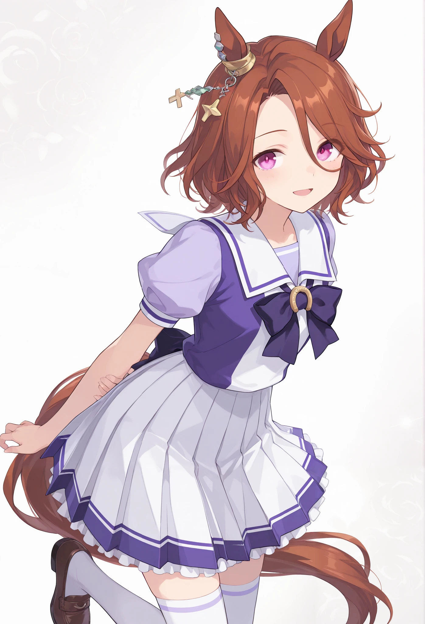 {{{Racecourse:1.6}}} {{{ 【 focuses on the upper body:1.5}}},( high resolution),( high resolution), ( Unity 8K Wallpaper),( detailed image ), {{{Type Moon :1.7}}},((draw:1.5)), Titleholder\( umamusume\), ,{Right Ear Ornament } school uniform, summer uniform, serafuku, puffy short sleeves, purple bowtie, horseshoe ornament, sailor collar, sailor shirt, purple shirt, white skirt, pleated skirt, frills, miniskirt, absolute territory, white thighhighs, brown footwear, loafers,
