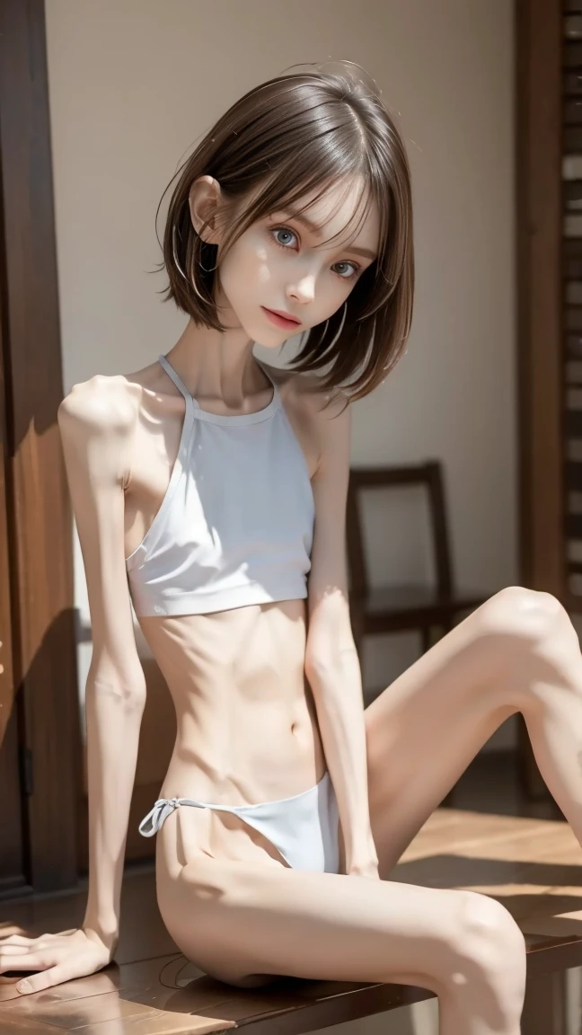 8K,(photorealistic:1.4), RAW photo, best quality, masterpiece, ultra high res, raw photo,cinematic lighting,depth of field,ray tracing, Japanese girl,Brown short wavy pixie hair over one eye,(at the gym:1.3),((completely nude)),(nipples,hairy pussy:1.0),(Slender:1.5),smile,(wet skin:1.0),large hip,(camel toe),(pussy line,mansuji),(realistic pussy),(pussy focus),(sitting on bench),(spread pussy to the side:1.5),from below,