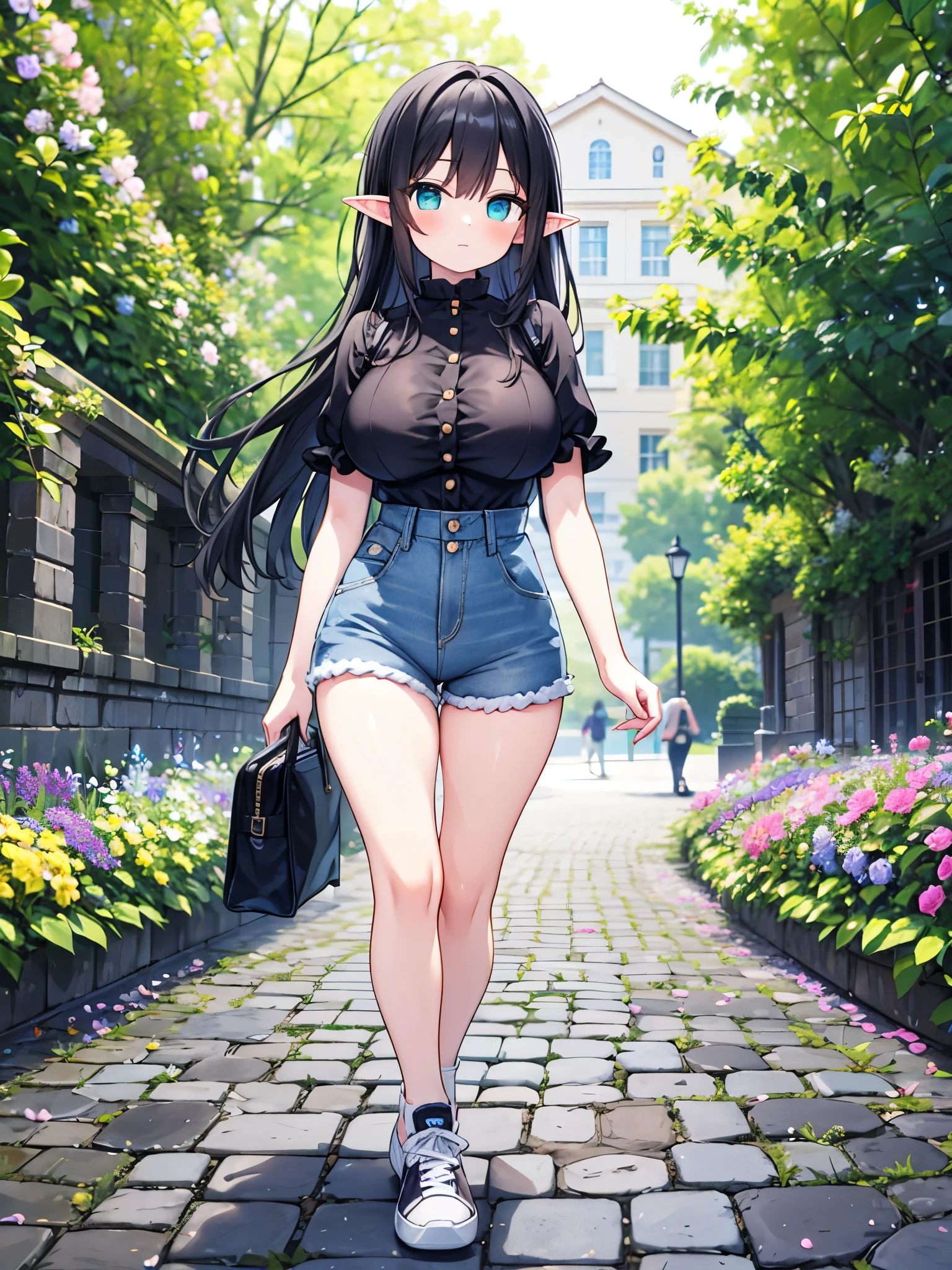 detailed image, beautiful image, 1 elf, black hair, long hair, turquoise eyes, has large breasts, short waist, wide hips, big butt, wearing a baggy designer blouse, denim mini shorts, casual sneakers, walking on cobblestone ground, around many flowers, ambient light, artificial light,