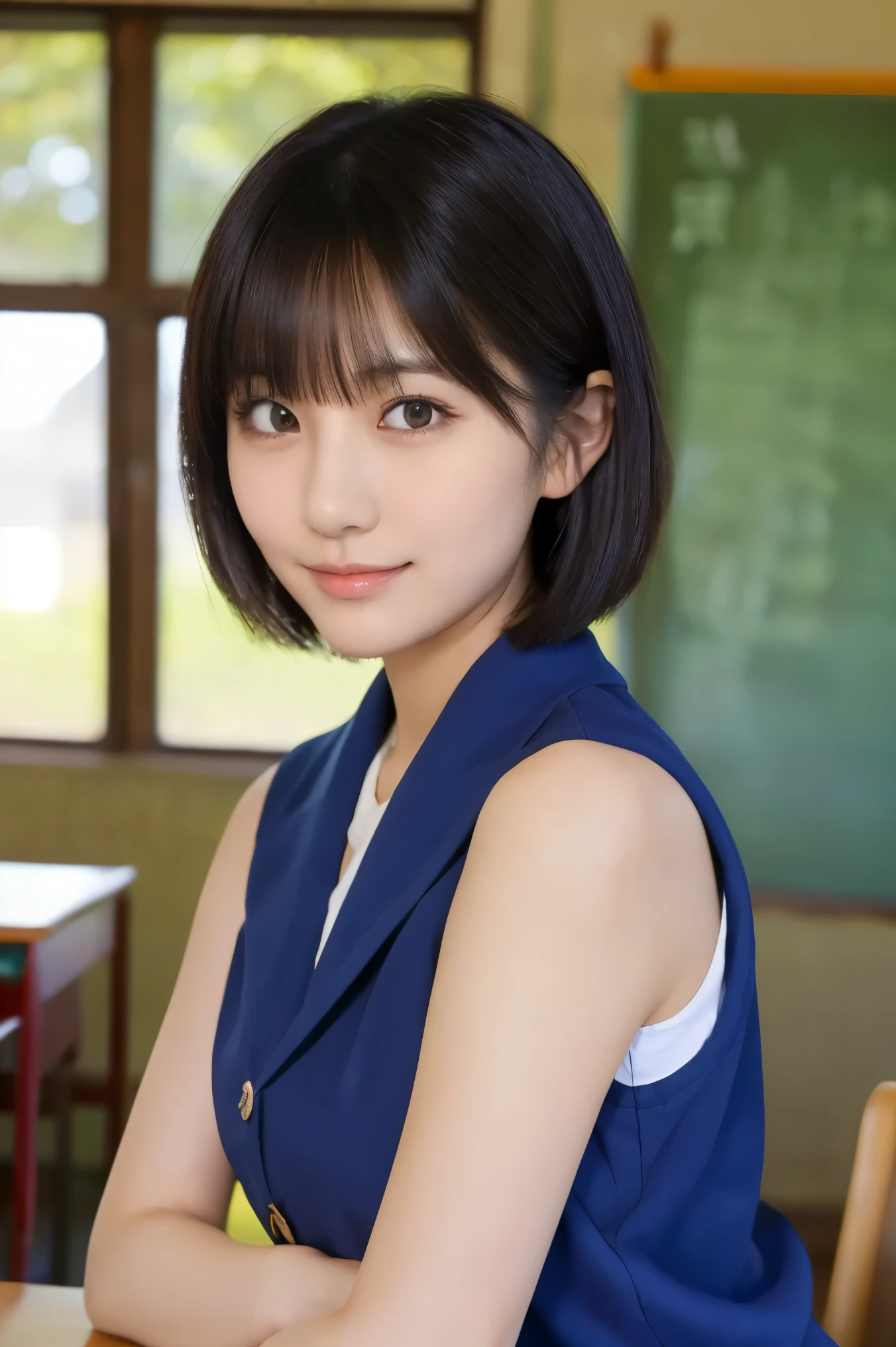 top quality, face focus, soft light, Ultra High Resolution, ( Photo Realistic:1.4), RAW photos , 1 Japanese Girl , solo, cute, ( Embarrassing Smile:0.5), ( brown eyes, light in the eye), detailed and beautiful face, ( small breasts), ( Human Skin Texture High Resolution Details), ( short bob hair), break, In the classroom, navy blue sailor suit, vest, skirt